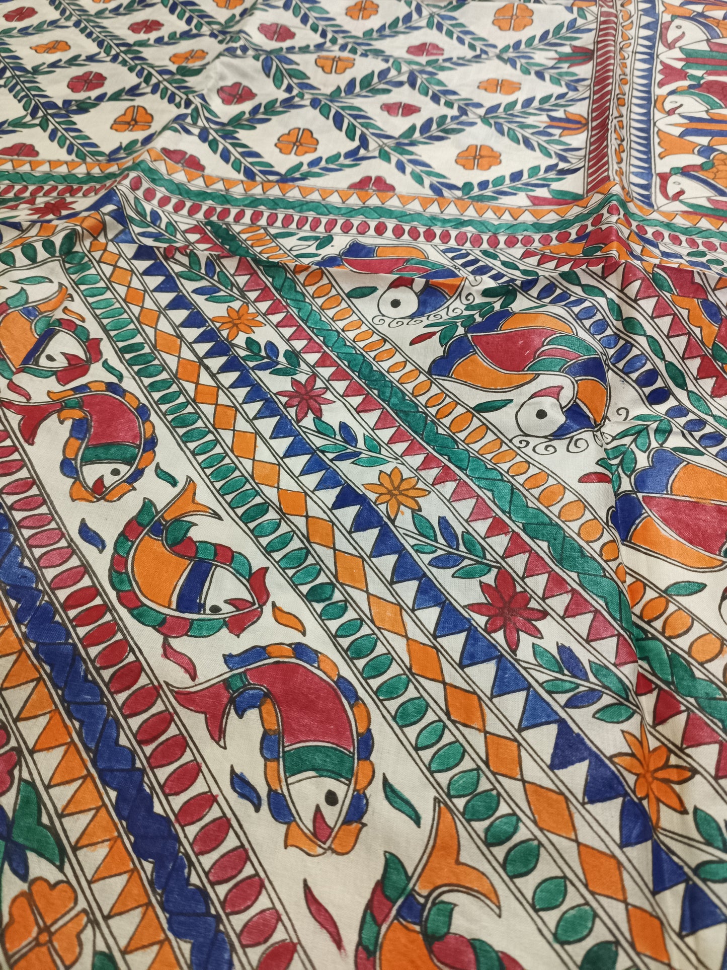 Geometrical Design Madhubani Hand Painted Desi Tussar Silk Saree