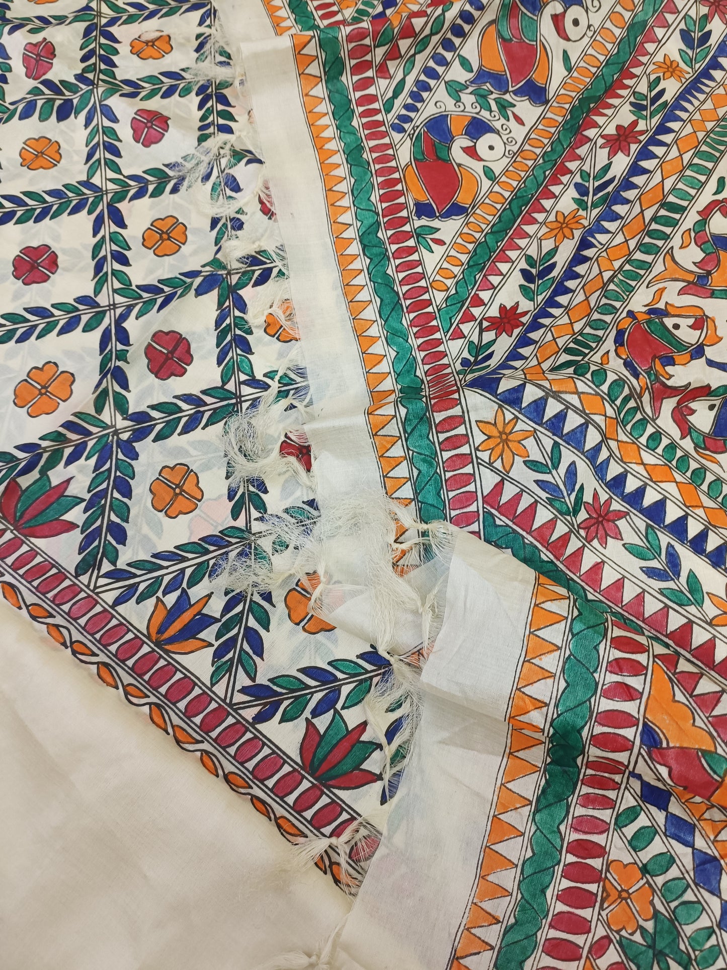 Geometrical Design Madhubani Hand Painted Desi Tussar Silk Saree