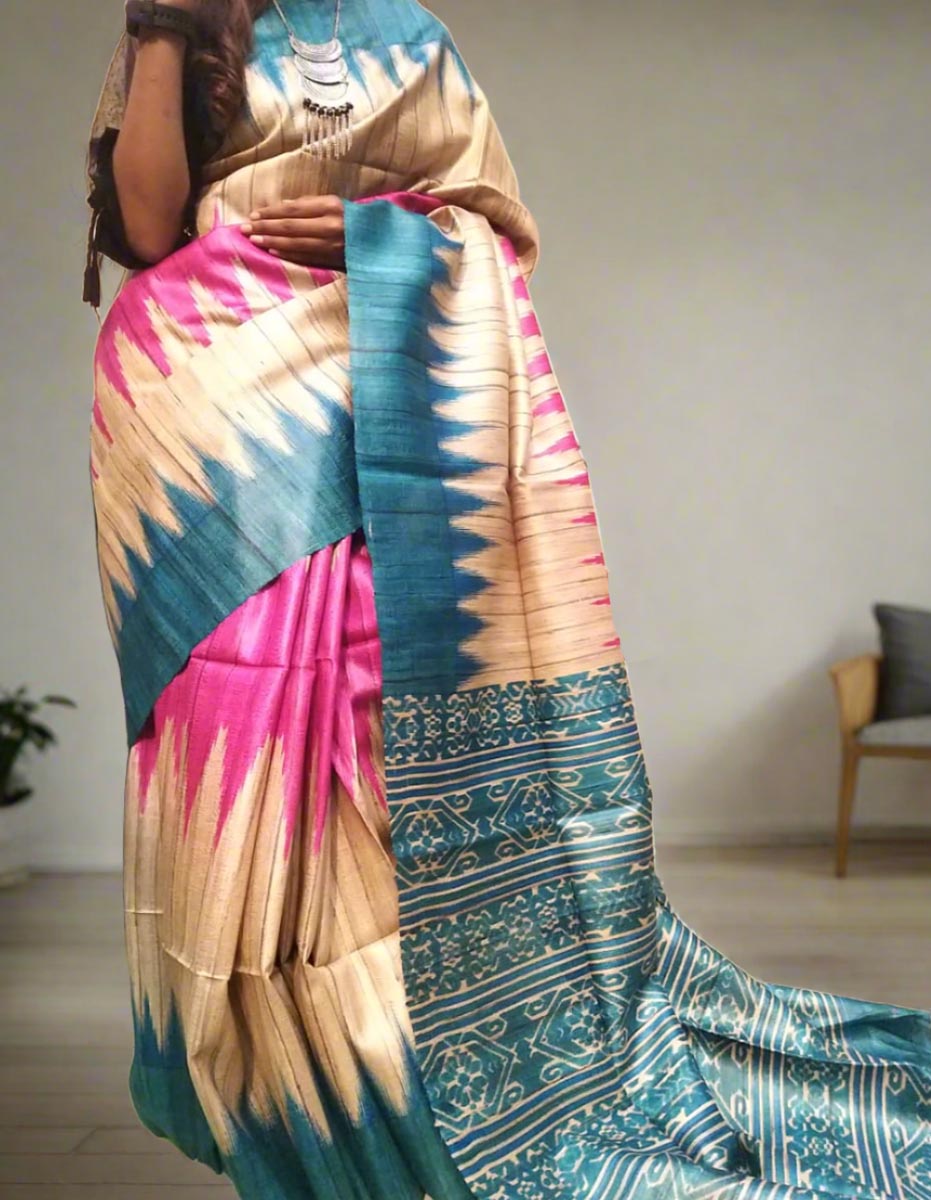 Ikat Printed Tussar Ghicha Silk Saree