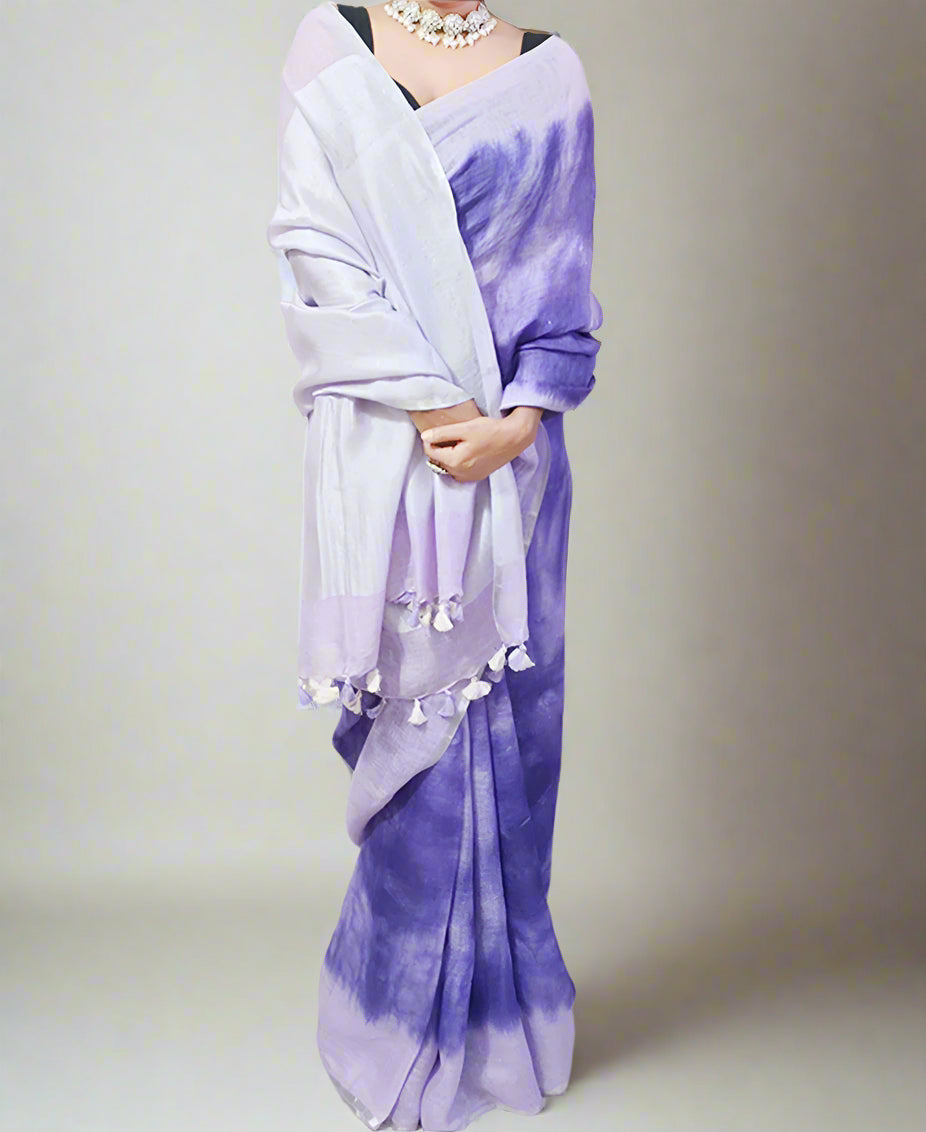 Indigo Tie & Dye Pure Linen Saree