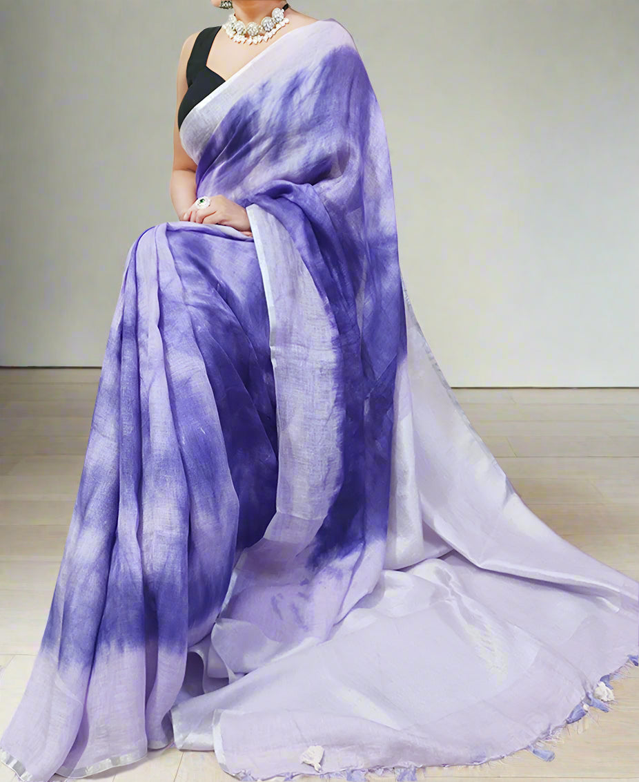 Indigo Tie & Dye Pure Linen Saree