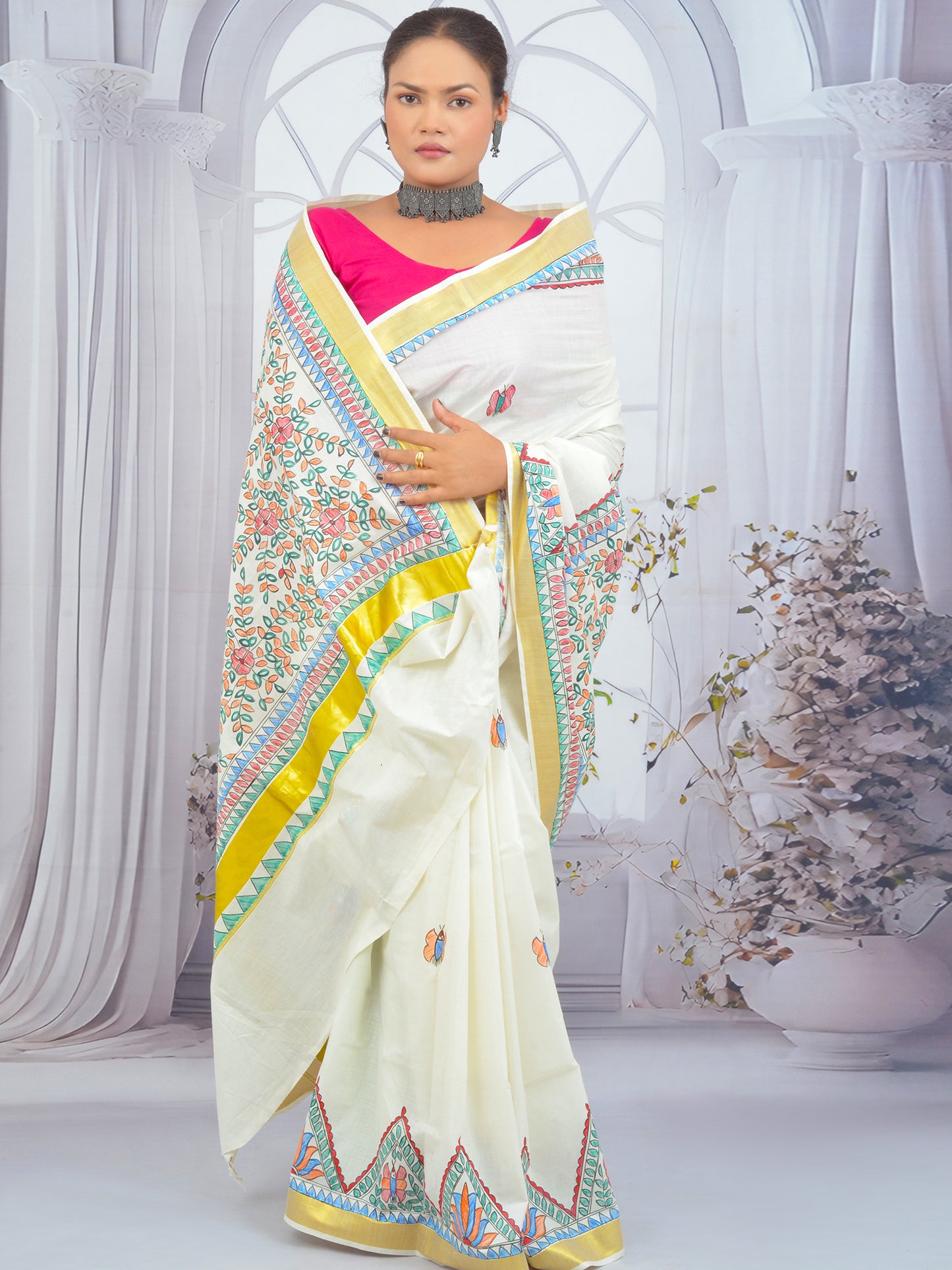 Kerala Cotton Madhubani Saree with Hand-Painted Floral Design and Golden Zari Border
