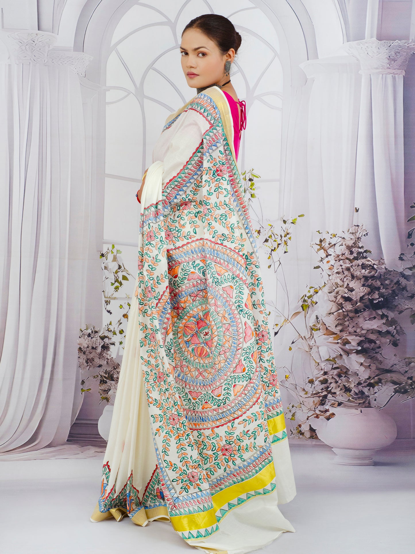 Traditional Kerala Cotton Saree with Madhubani Motifs and Elegant Zari Border