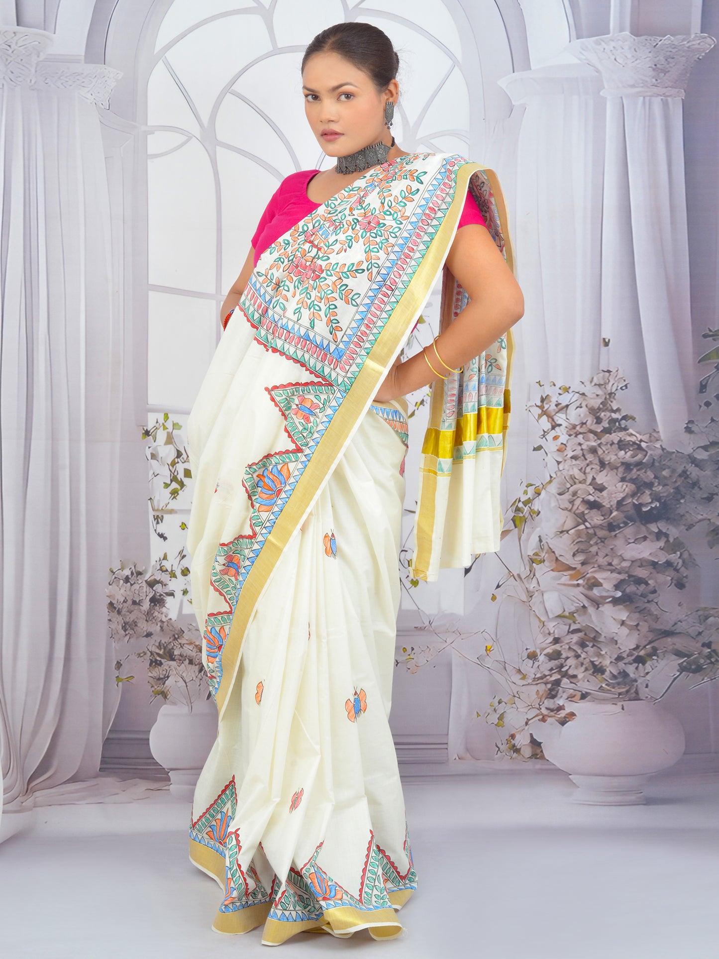 Madhubani Hand-Painted Kerala Cotton Saree with Floral Patterns and Gold Detailing