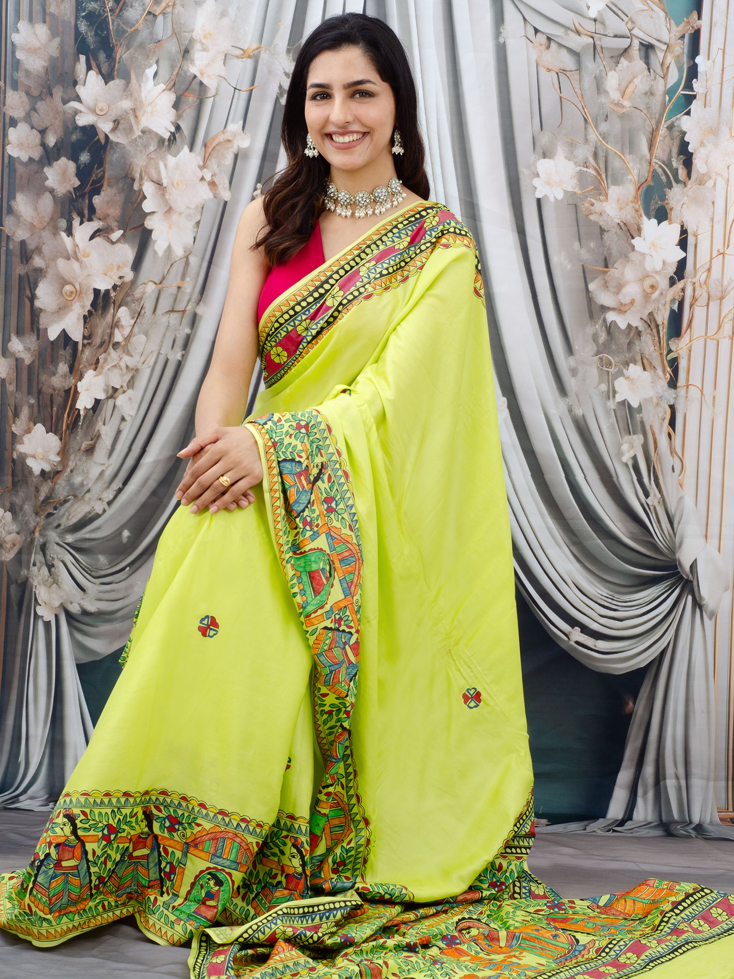 Lemon Green Madhubani Hand Painted Natural Crepe Saree
