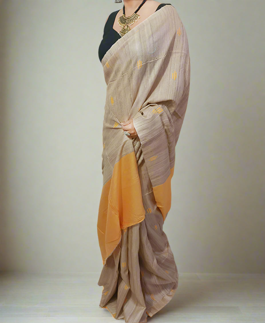 Light Orange Buta Handloom Tussar Ghicha Silk Saree