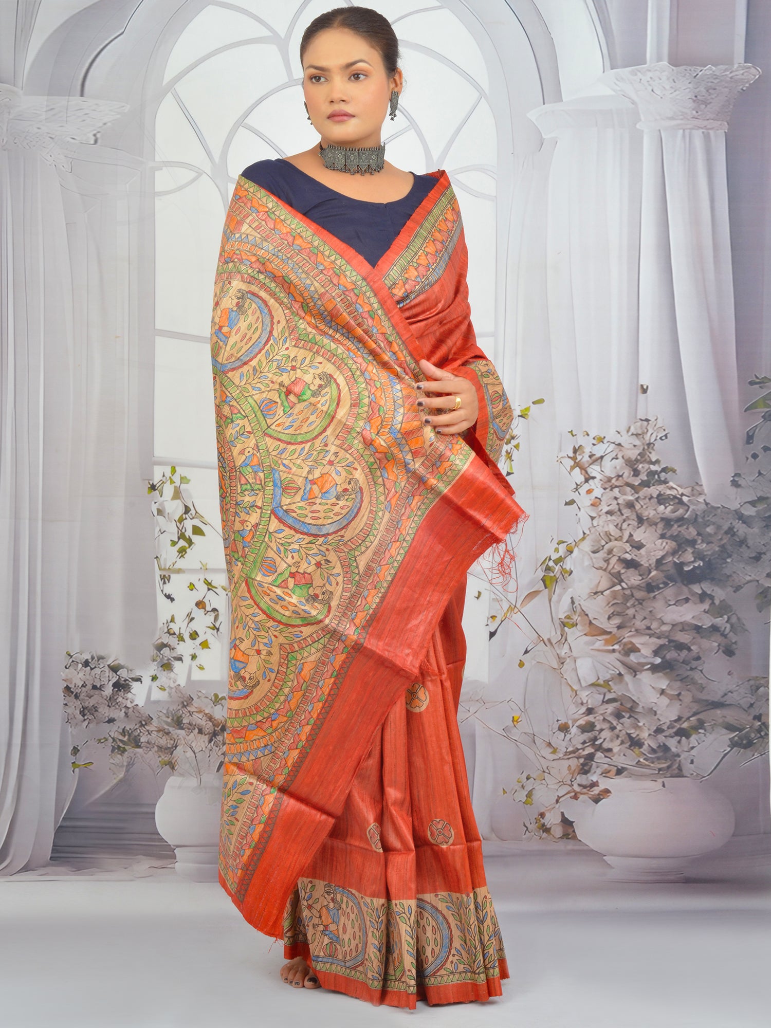 Lord Krishna Madhubani artwork on hand-painted Tussar Ghicha silk saree