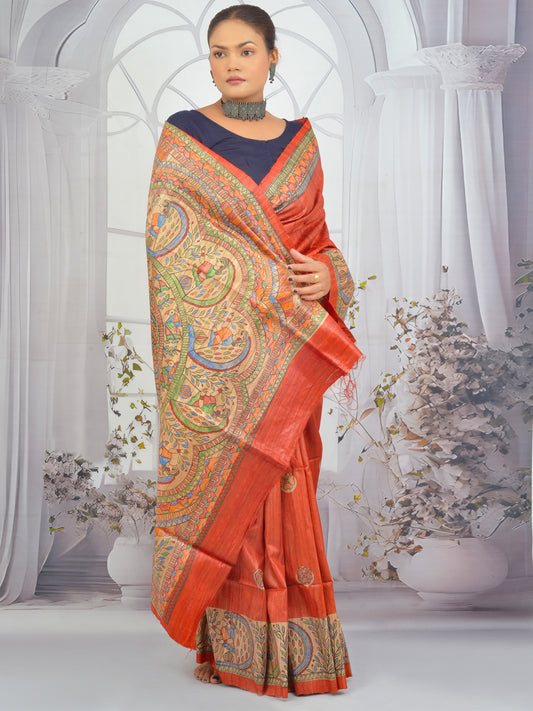 Lord Krishna Madhubani artwork on hand-painted Tussar Ghicha silk saree
