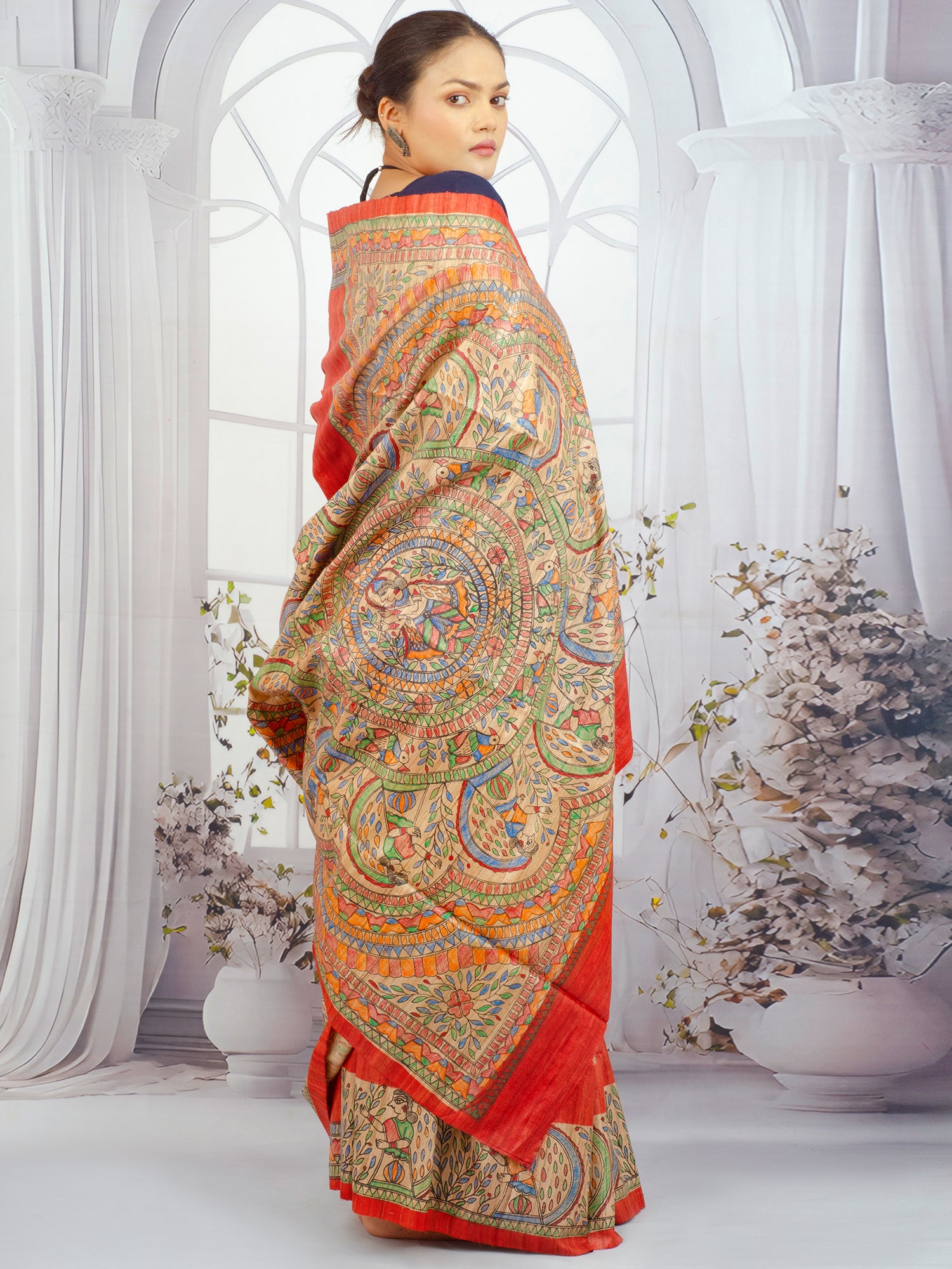 Hand-painted Tussar Ghicha silk saree with Lord Krishna Madhubani design