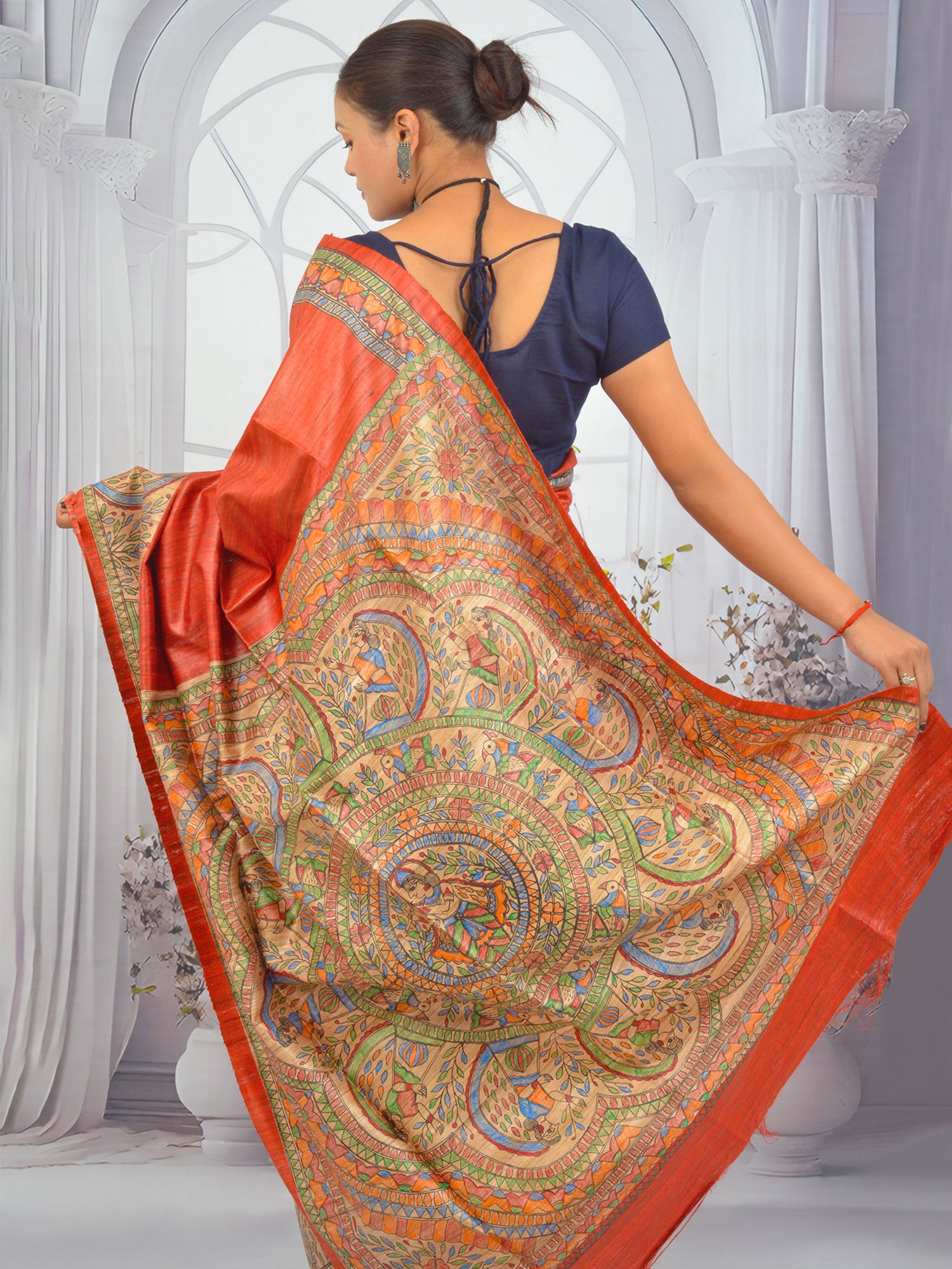Red Tussar Ghicha silk saree with hand-painted Lord Krishna Madhubani motifs