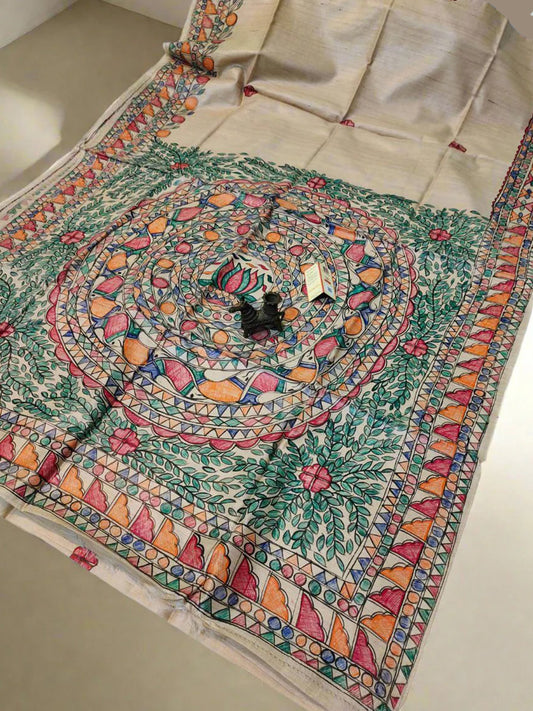 Lotus Madhubani Hand Painted Pure Desi Tussar Silk Saree