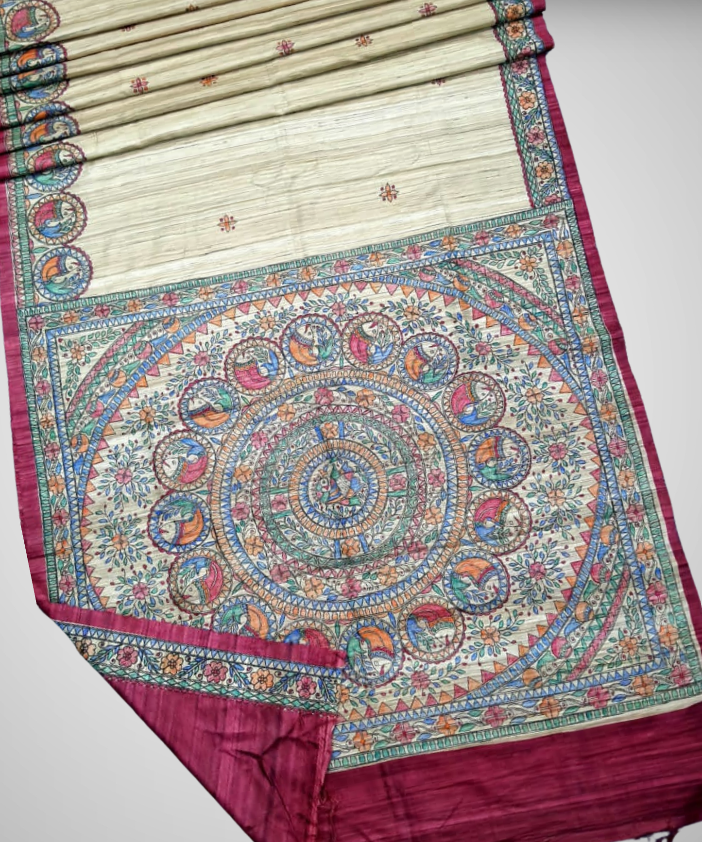 Madhubani Hand Painted Magenta Tussar-Ghicha Silk Saree