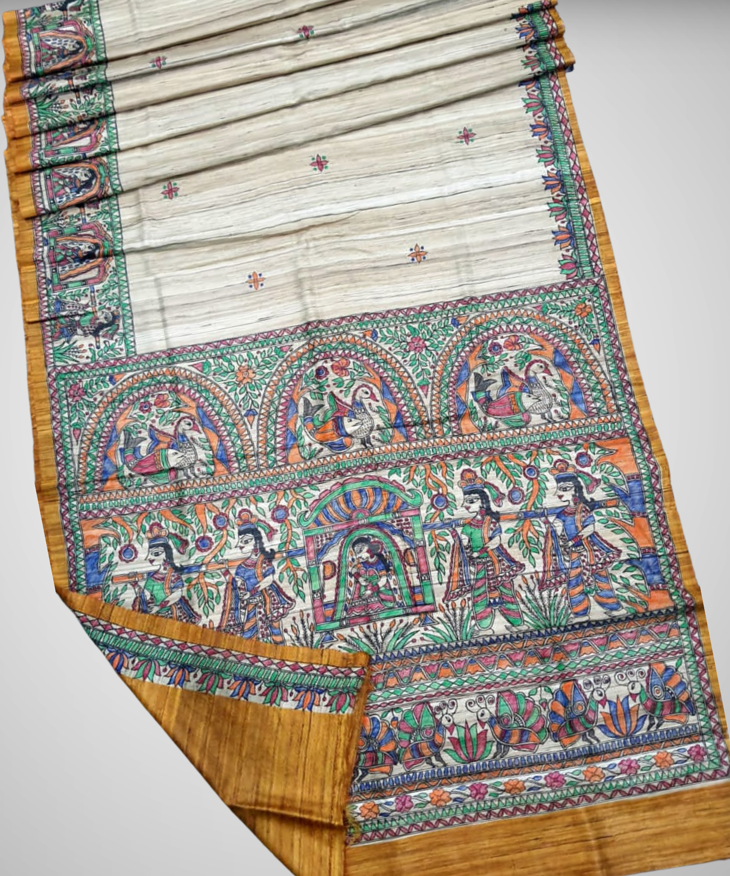 Madhubani Hand Painted Mustard Tussar-Ghicha Silk Saree