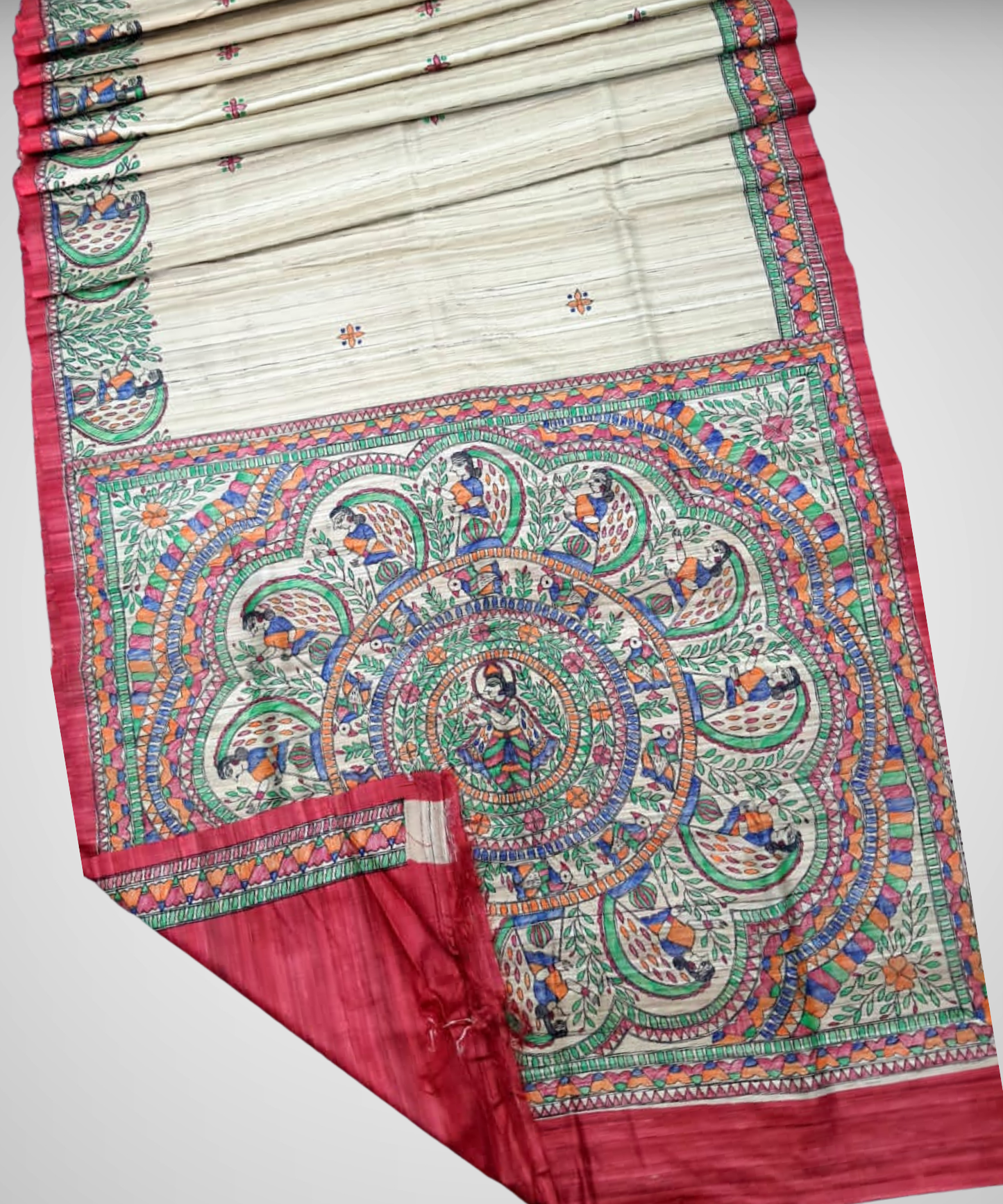 Madhubani Hand Painted Red Tussar-Ghicha Silk Saree