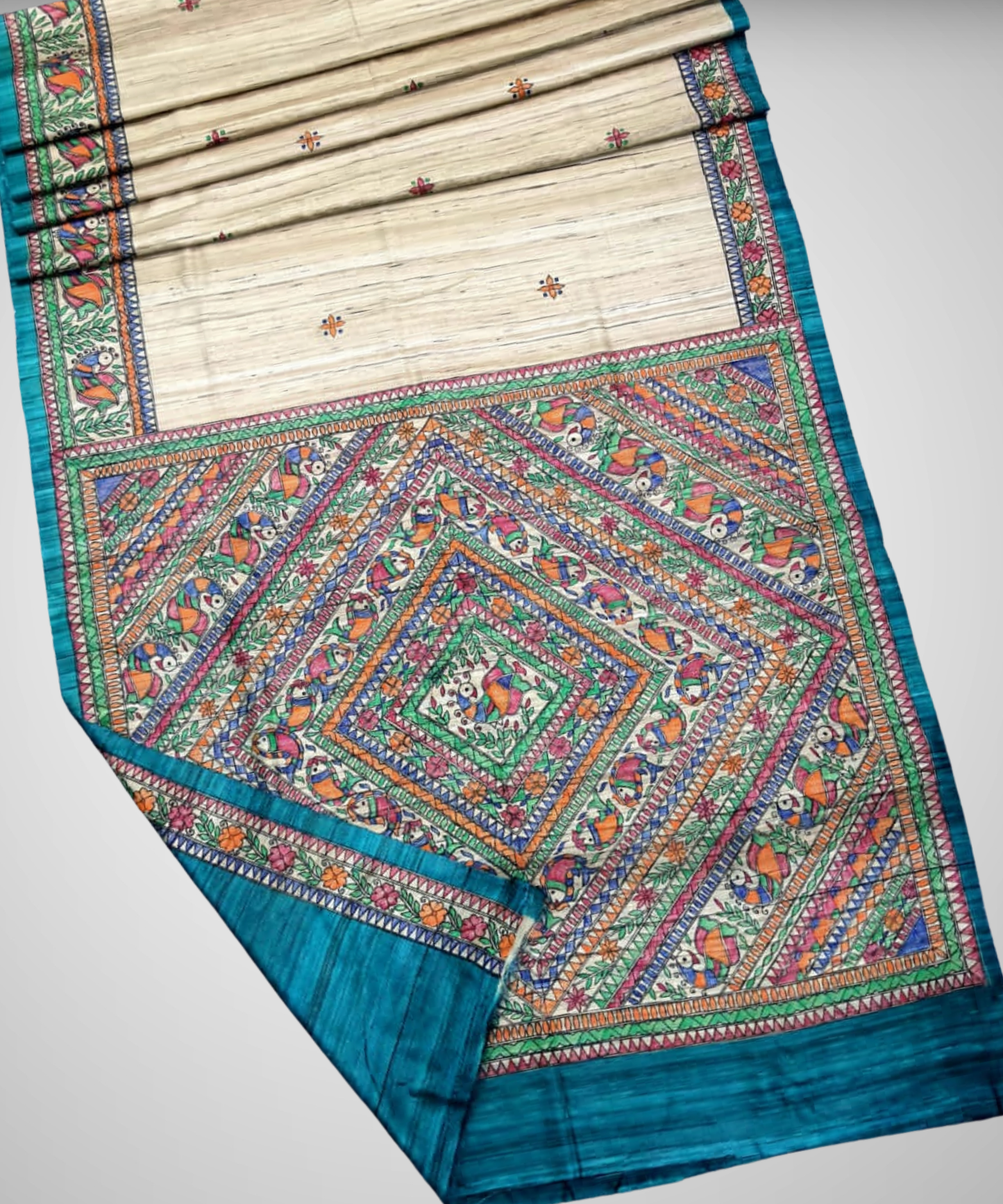 Madhubani Hand Painted Teal Blue Tussar-Ghicha Silk Saree