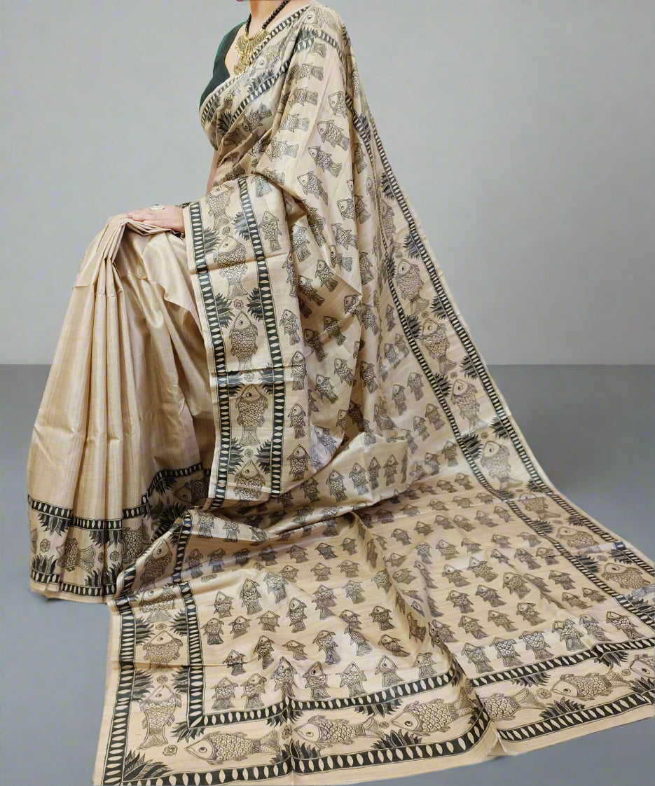 Madhubani Hand painted Tussar Silk Saree Featuring Fish Motifs