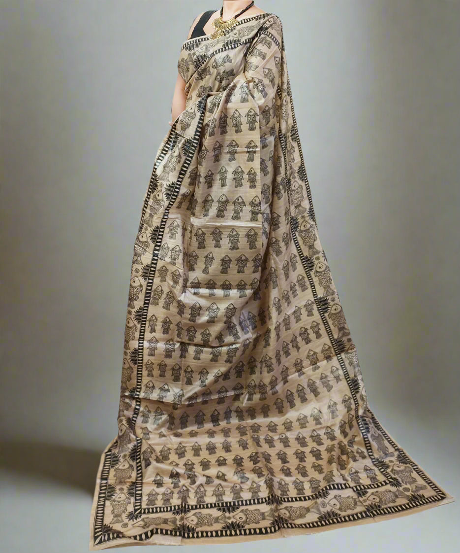 Madhubani Hand painted Tussar Silk Saree Featuring Fish Motifs