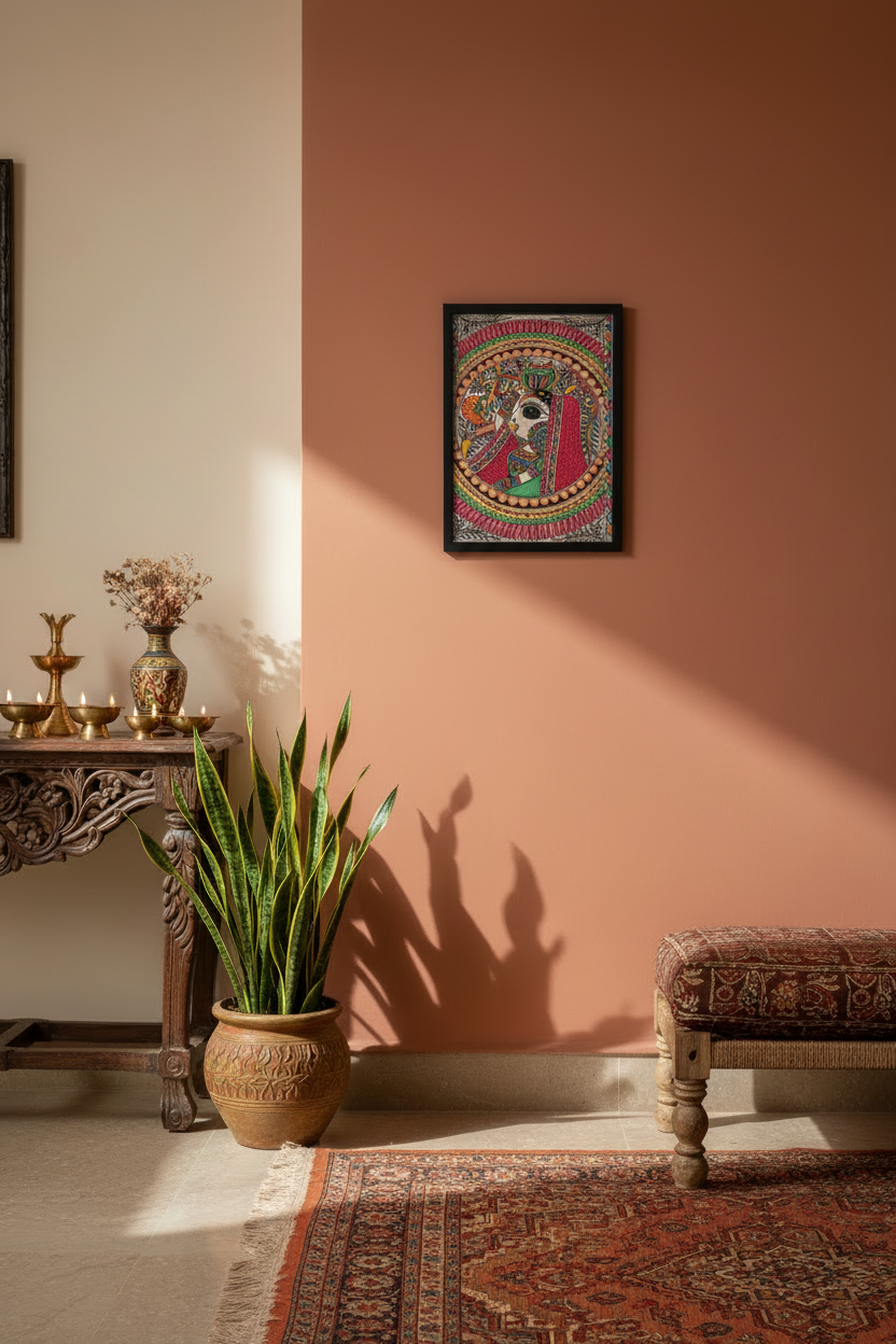 Madhubani Woman with Kalasha Mandala - Circular Mithila Prosperity Art | Hand-Painted Portrait