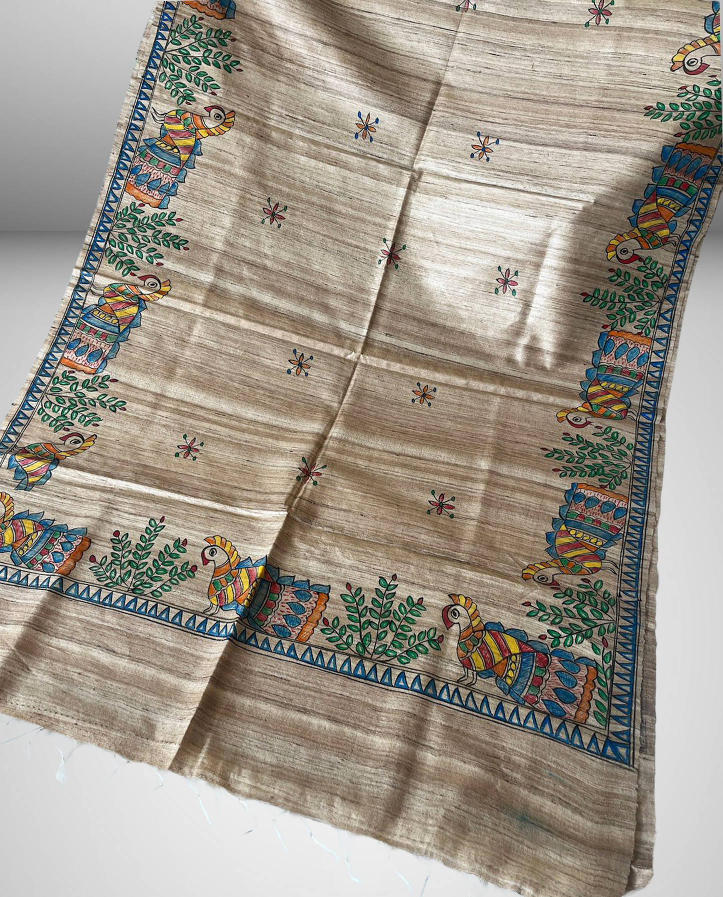 Madhubani Hand-Painted Tussar Ghicha Silk Dupatta with Peacock Motifs