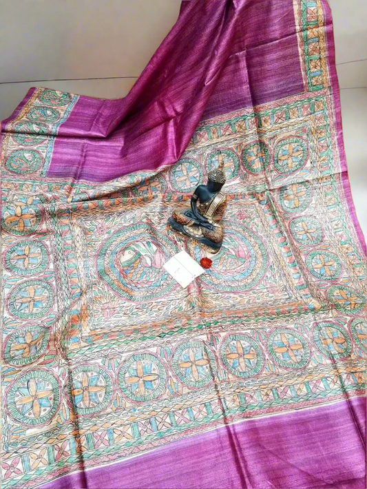 Magenta Madhubani Hand Painted Tussar Silk Saree