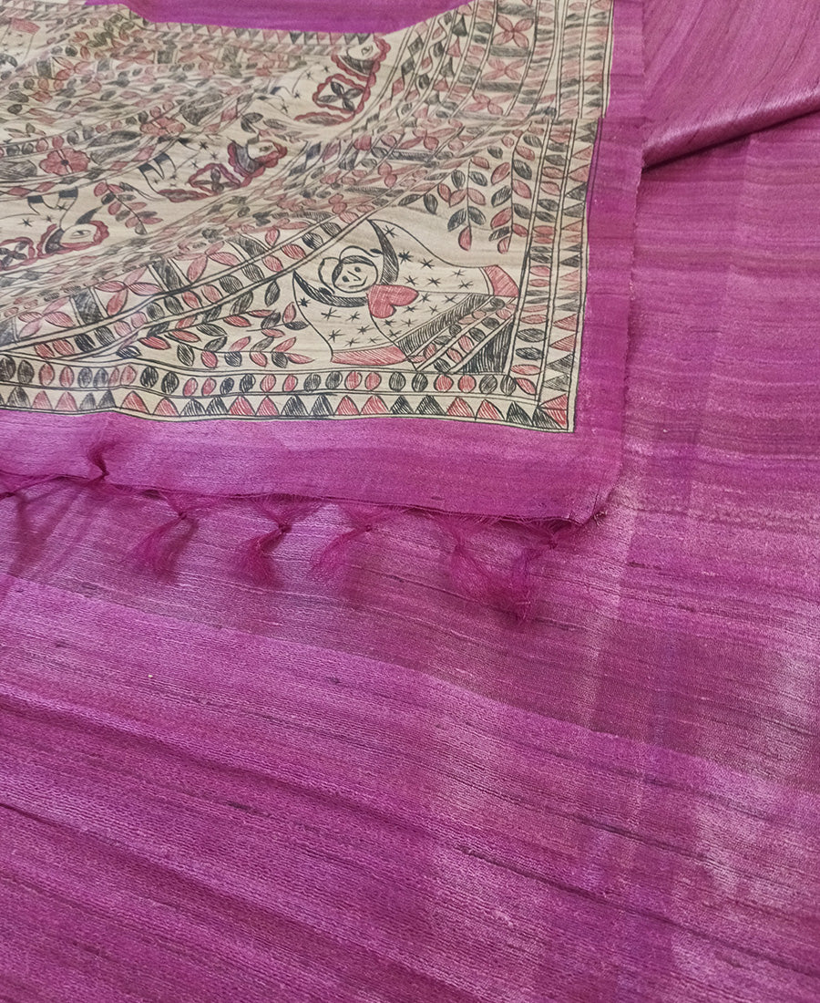Magenta Tassar Ghicha Madhubani Hand Painted Saree