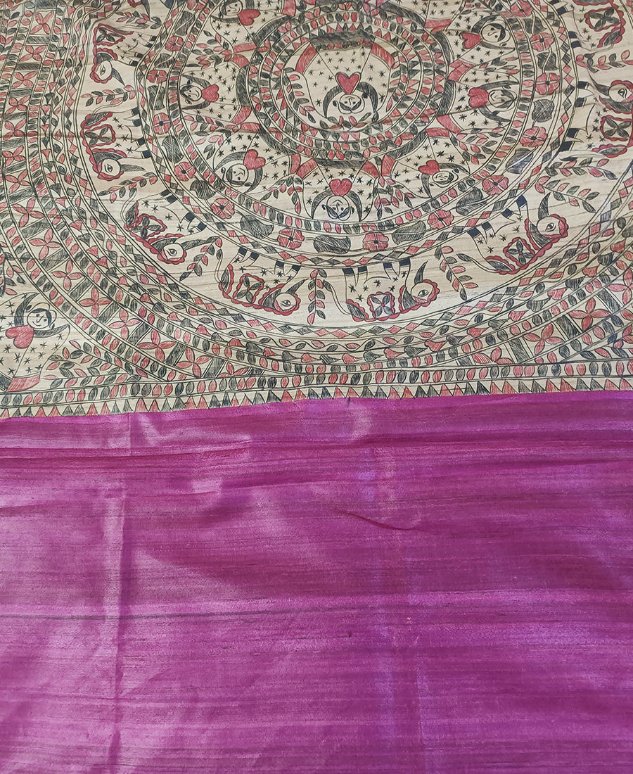 Magenta Tassar Ghicha Madhubani Hand Painted Saree