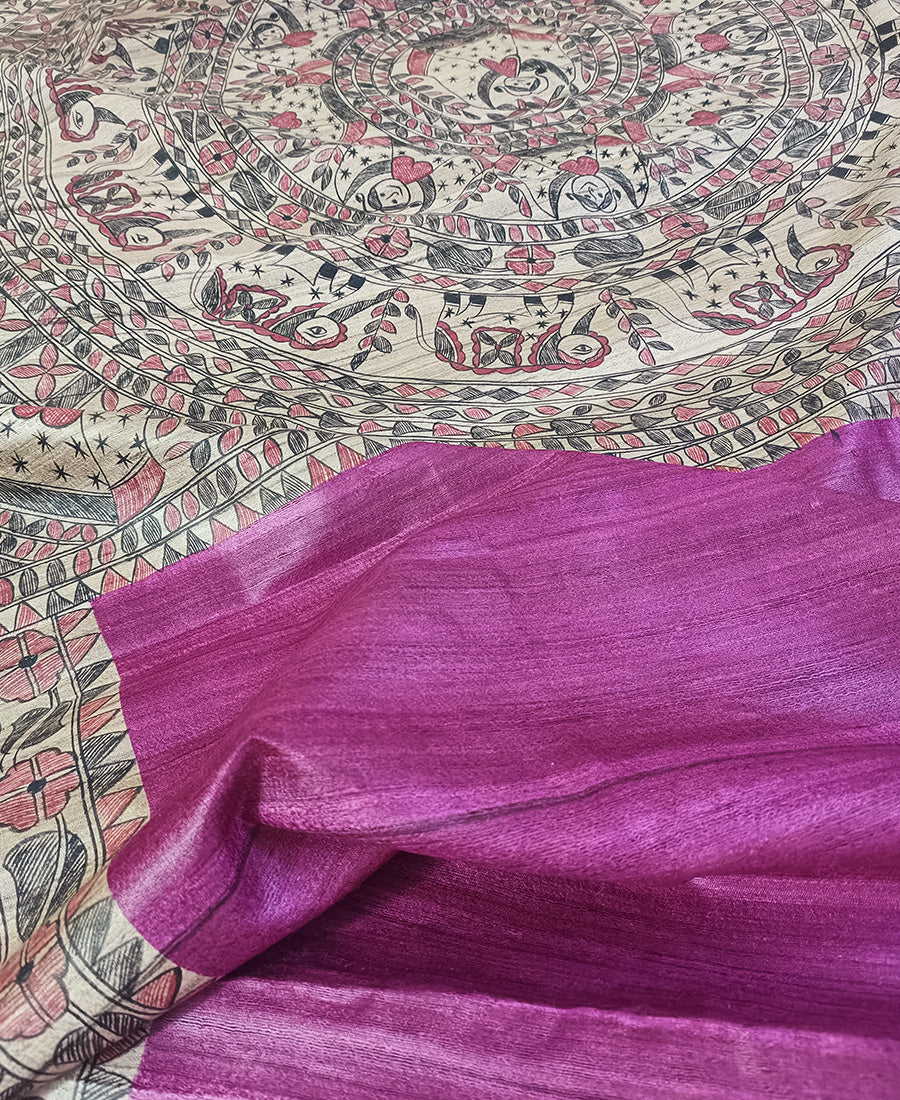 Magenta Tassar Ghicha Madhubani Hand Painted Saree