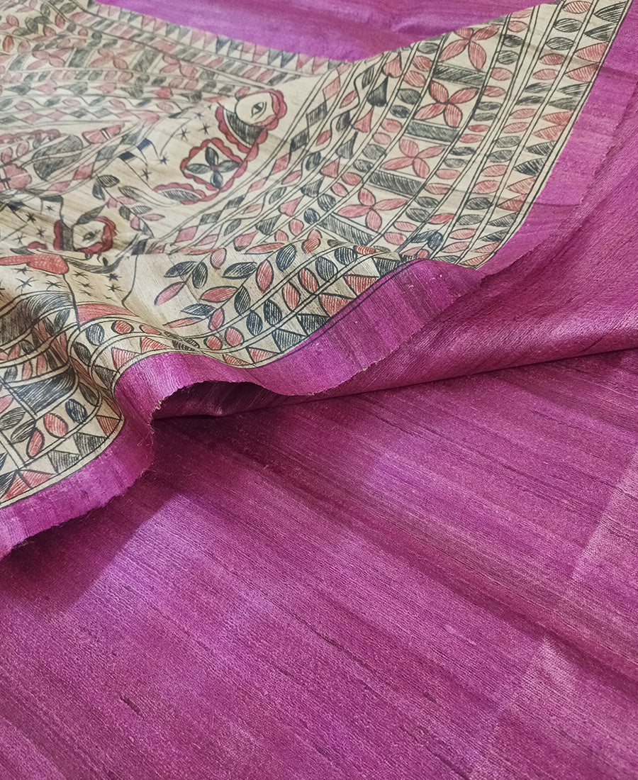 Magenta Tassar Ghicha Madhubani Hand Painted Saree