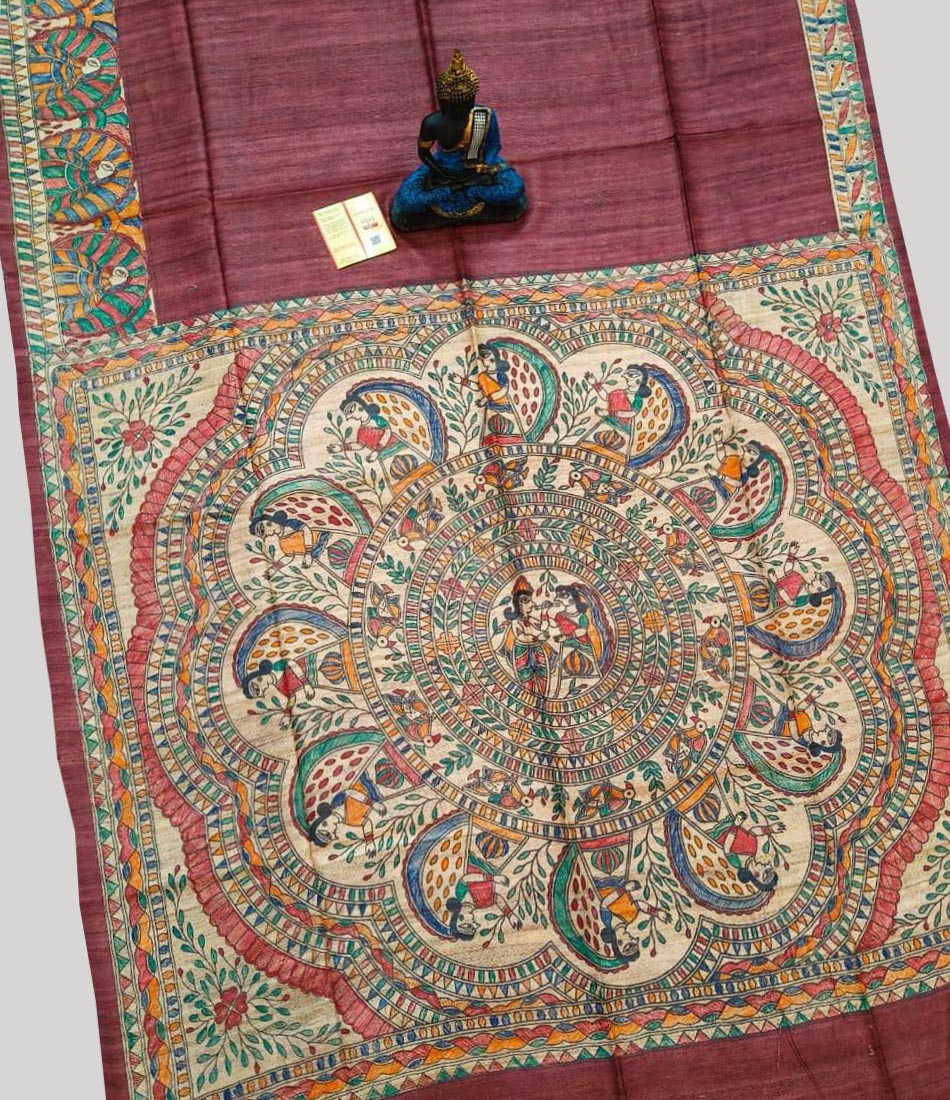 Magenta Madhubani Hand Painted Tussar Ghicha Silk Saree | Peepal Clothing