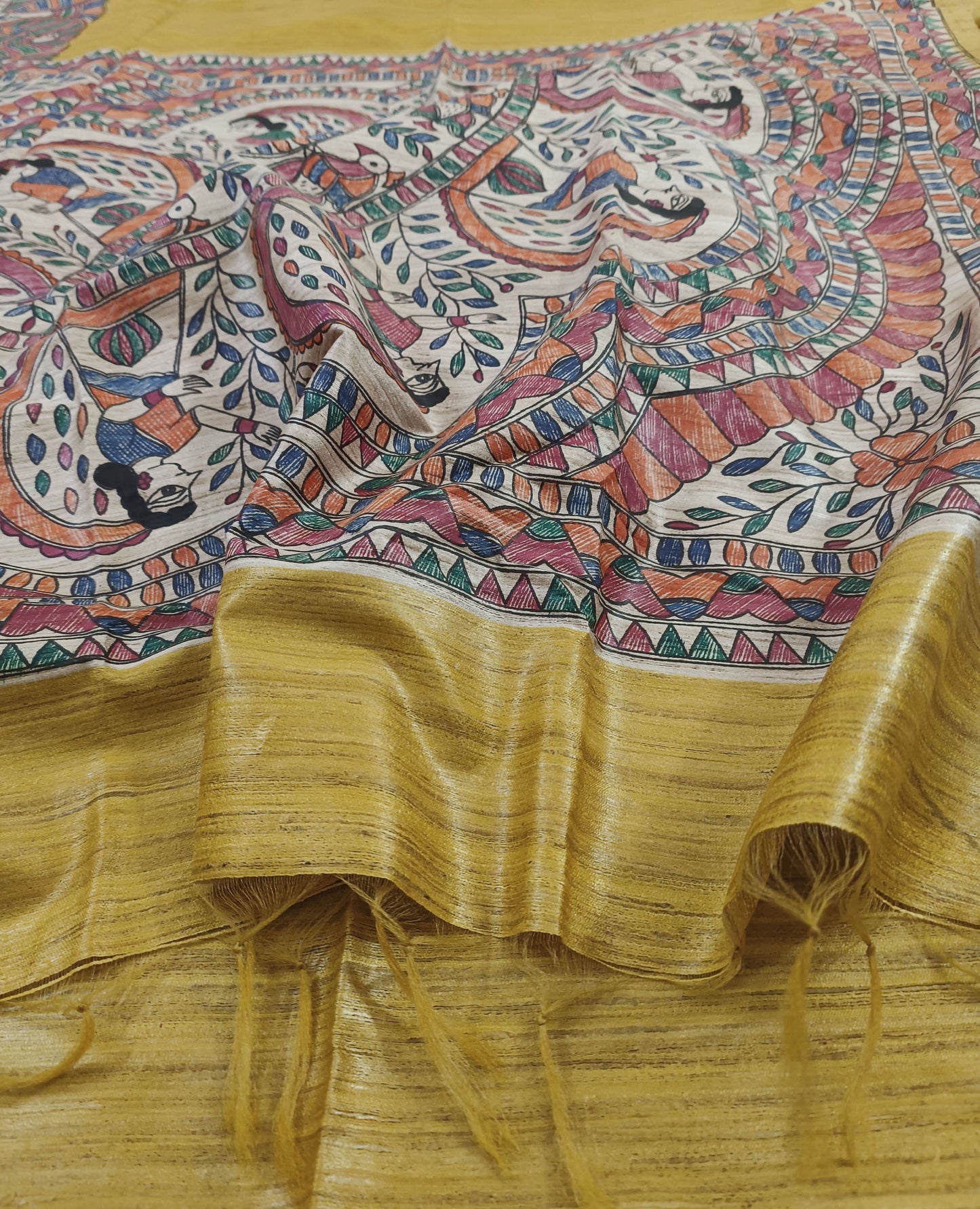 Mustard Madhubani Hand Painted Ghicha Tussar Silk Saree
