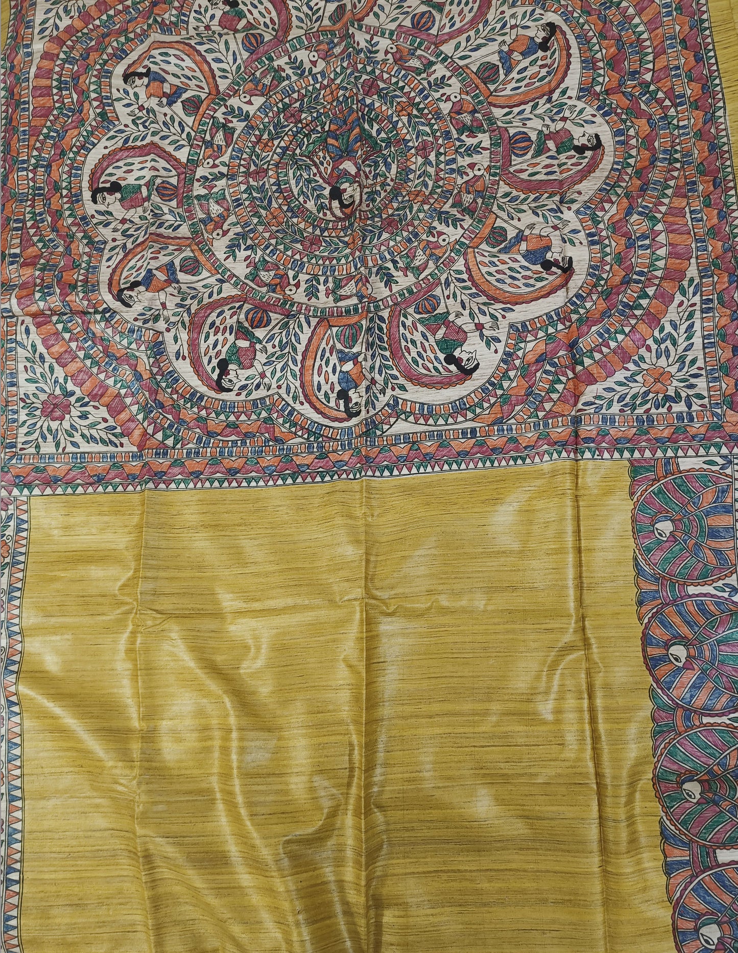 Mustard Madhubani Hand Painted Ghicha Tussar Silk Saree