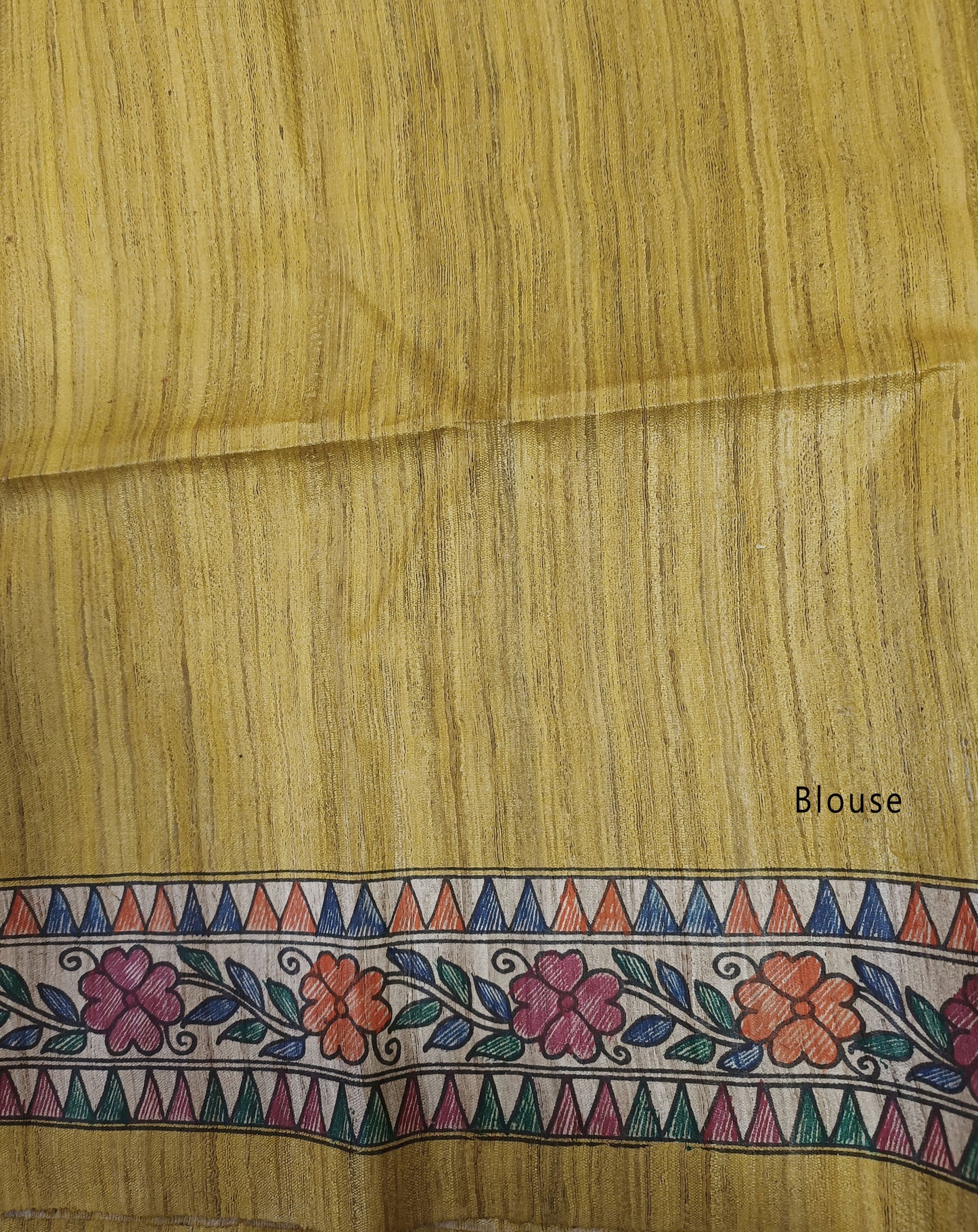 Mustard Madhubani Hand Painted Ghicha Tussar Silk Saree
