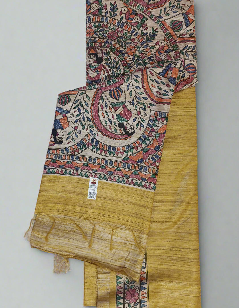 Mustard Madhubani Hand Painted Ghicha Tussar Silk Saree