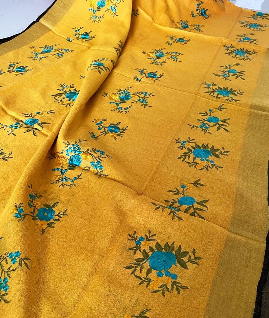 Embroidered Linen Saree | Peepal Clothing