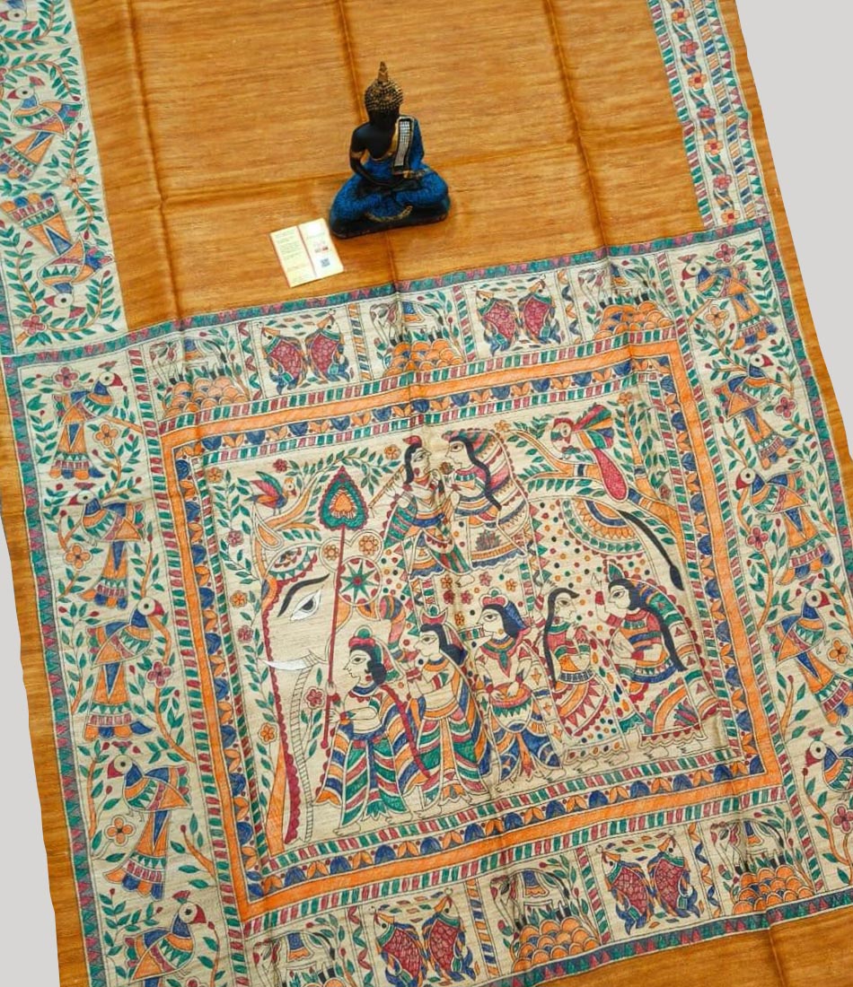 Mustard Madhubani Hand Painted Tussar Ghicha Silk Saree | Peepal Clothing