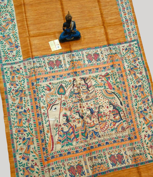 Mustard Madhubani Hand Painted Tussar Ghicha Silk Saree | Peepal Clothing