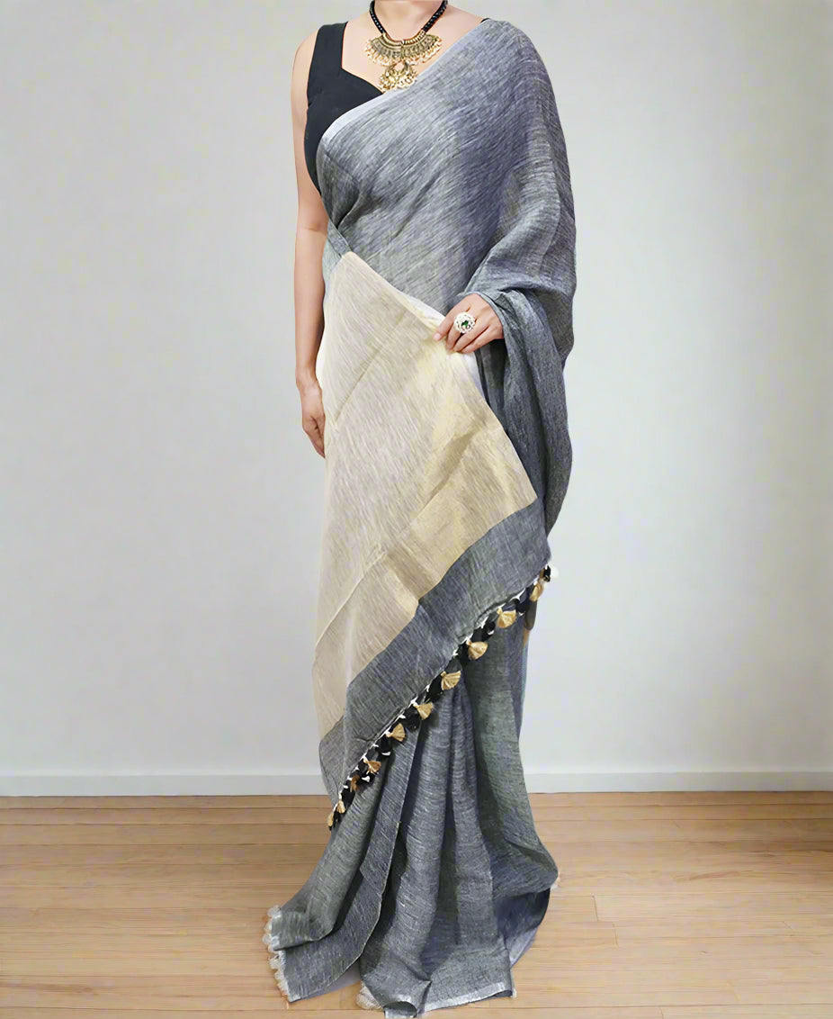 Narrow Border Grey Handloom Pure Linen Saree