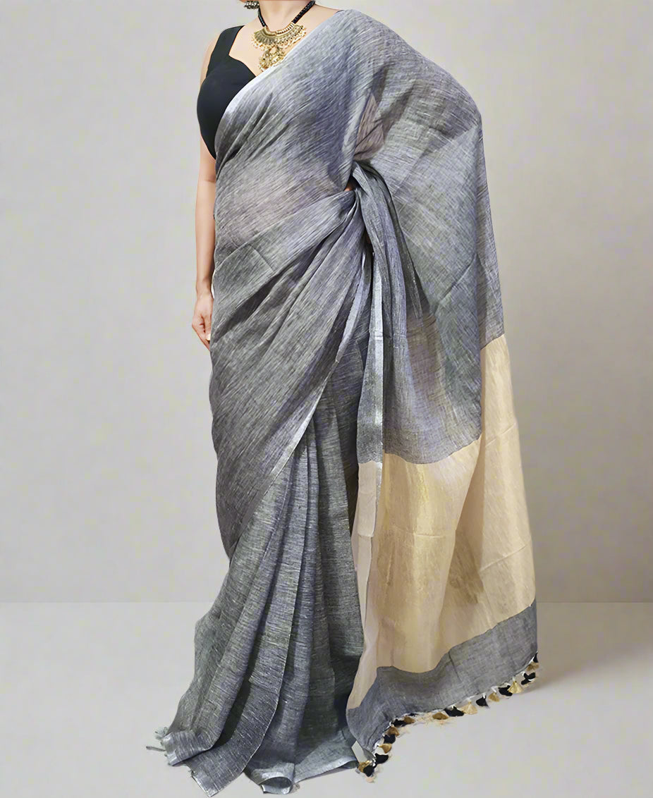 Narrow Border Grey Handloom Pure Linen Saree