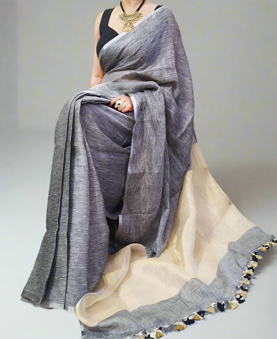 Narrow Border Grey Handloom Pure Linen Saree