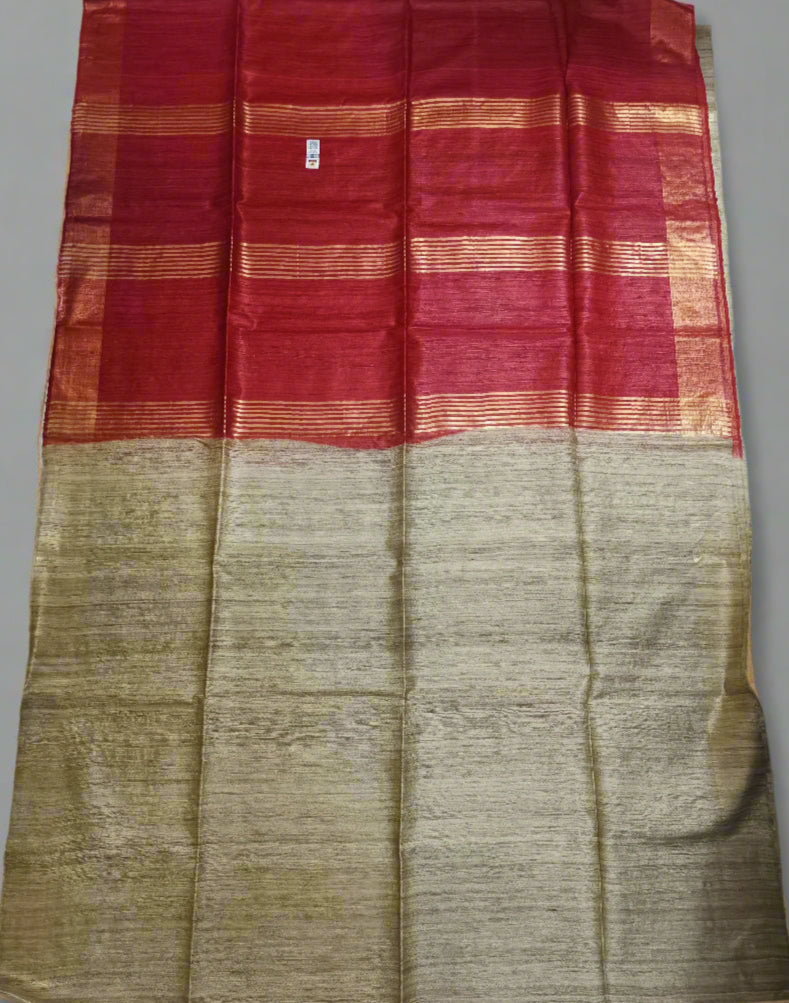 Natural And Maroon Handloon Tussar Ghicha Silk Saree
