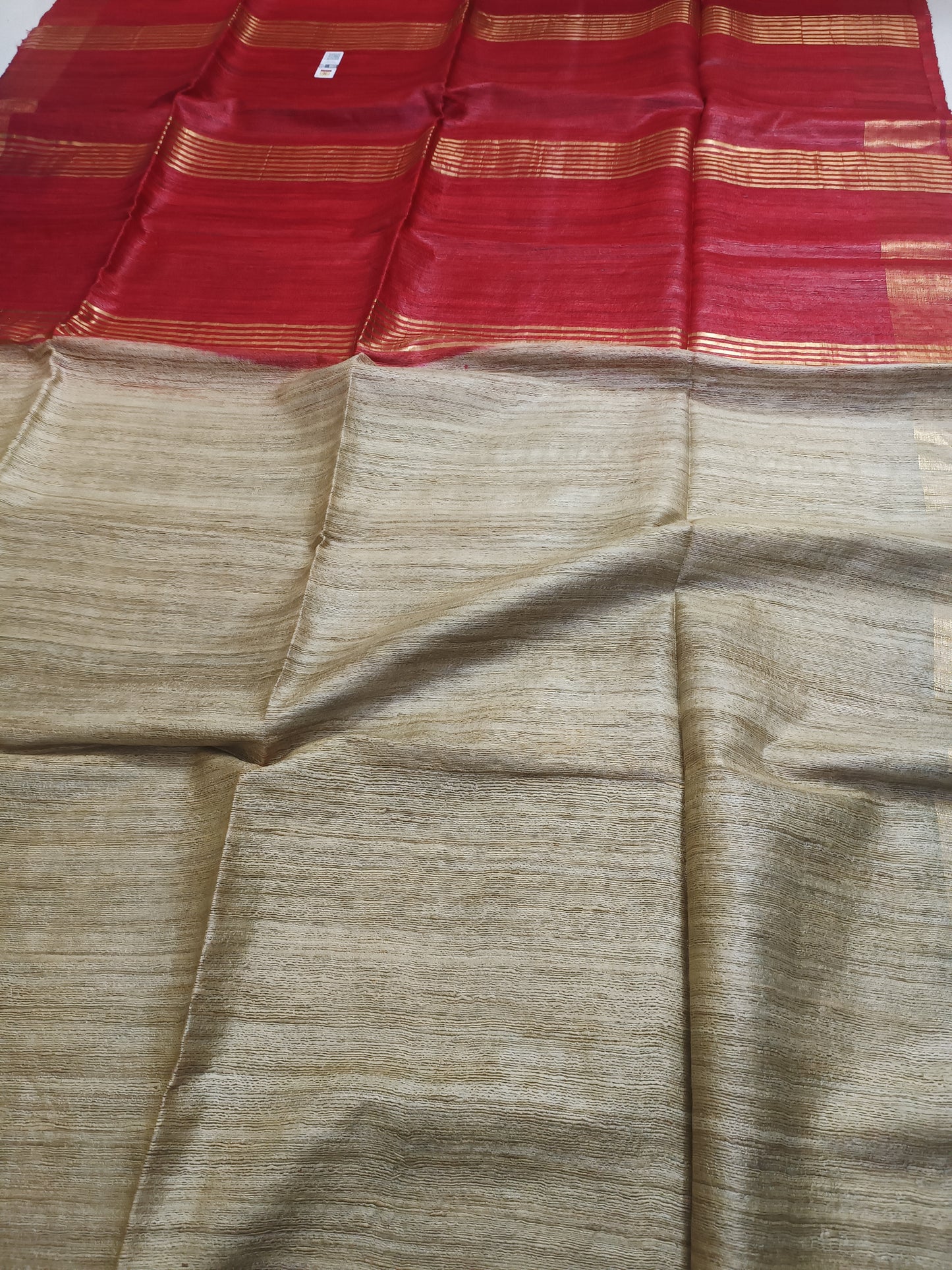 Natural And Maroon Handloon Tussar Ghicha Silk Saree