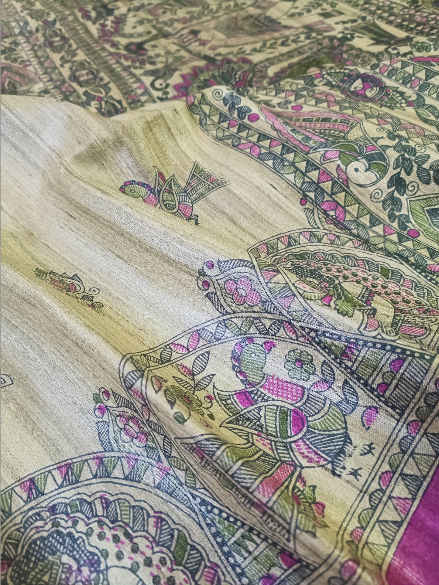 Natural Madhubani Printed Saree with Pink Edge