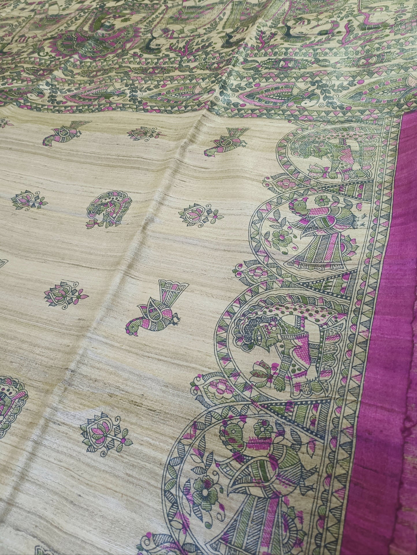 Natural Madhubani Printed Saree with Pink Edge