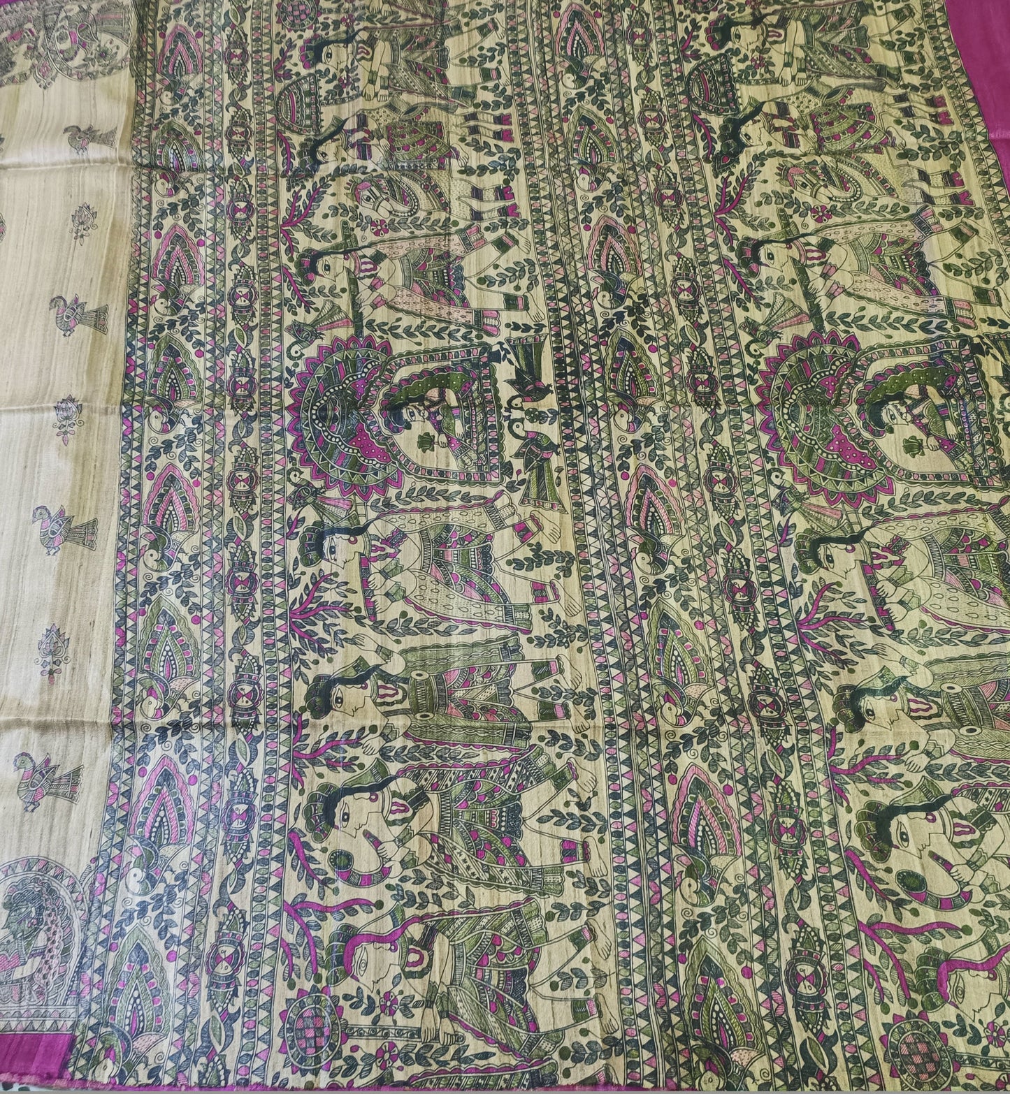 Natural Madhubani Printed Saree with Pink Edge
