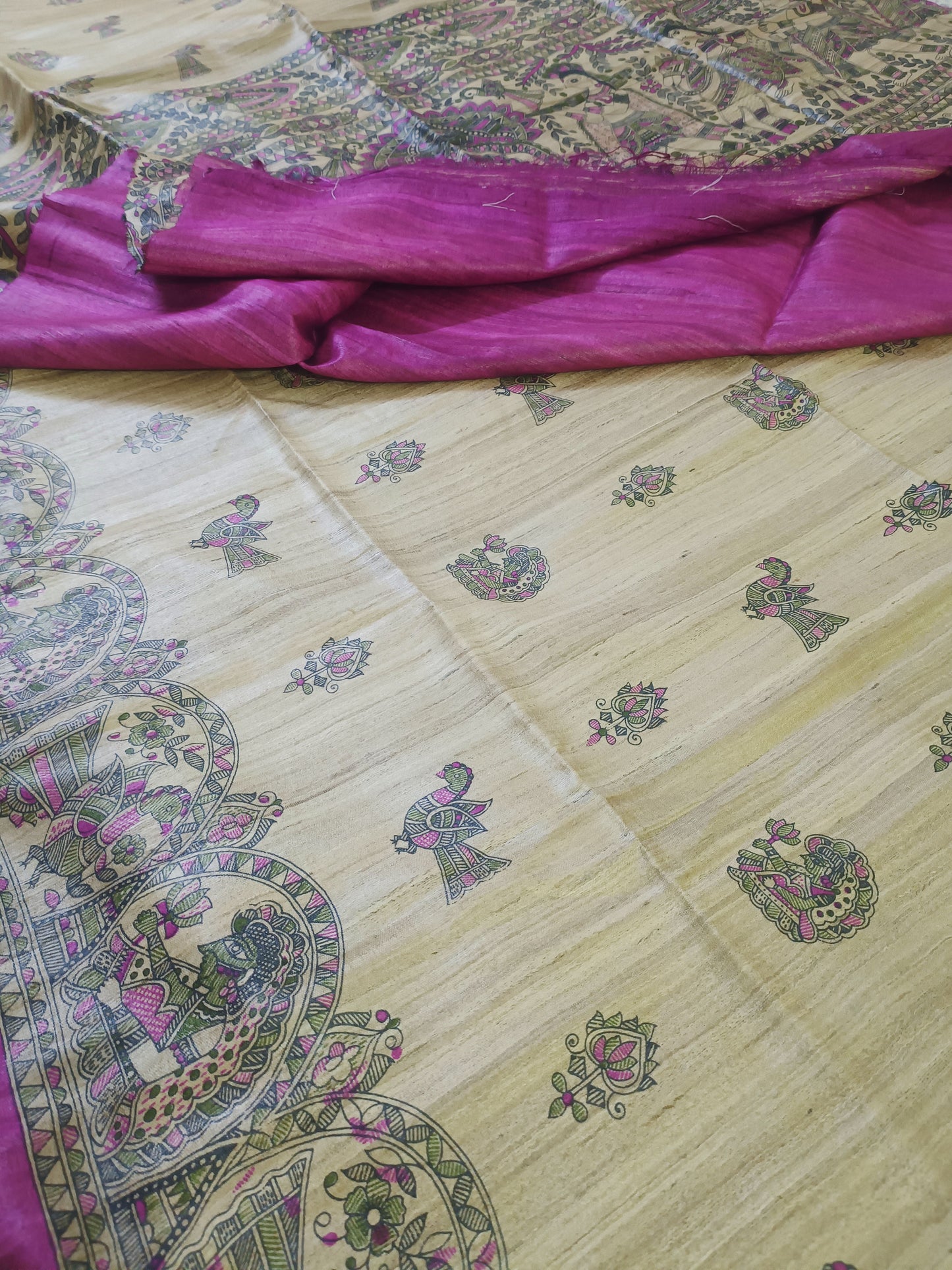 Natural Madhubani Printed Saree with Pink Edge