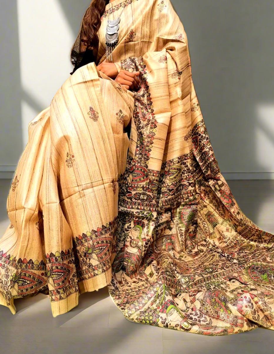 Natural Madhubani Printed Tussar Ghicha Silk Saree