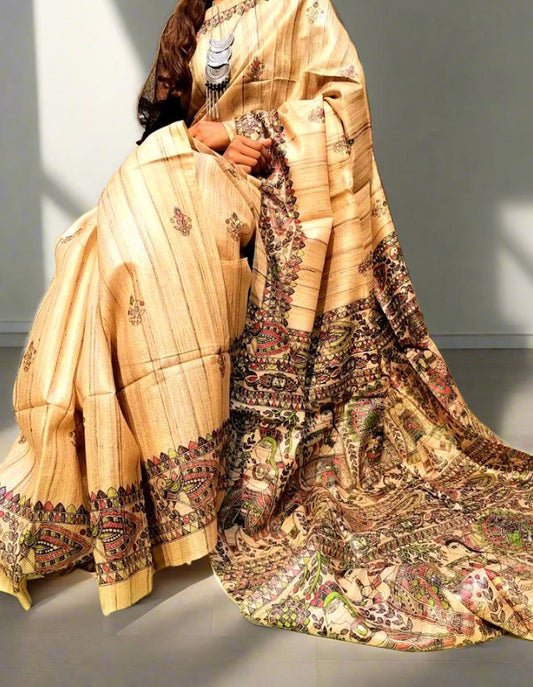 Natural Madhubani Printed Tussar Ghicha Silk Saree
