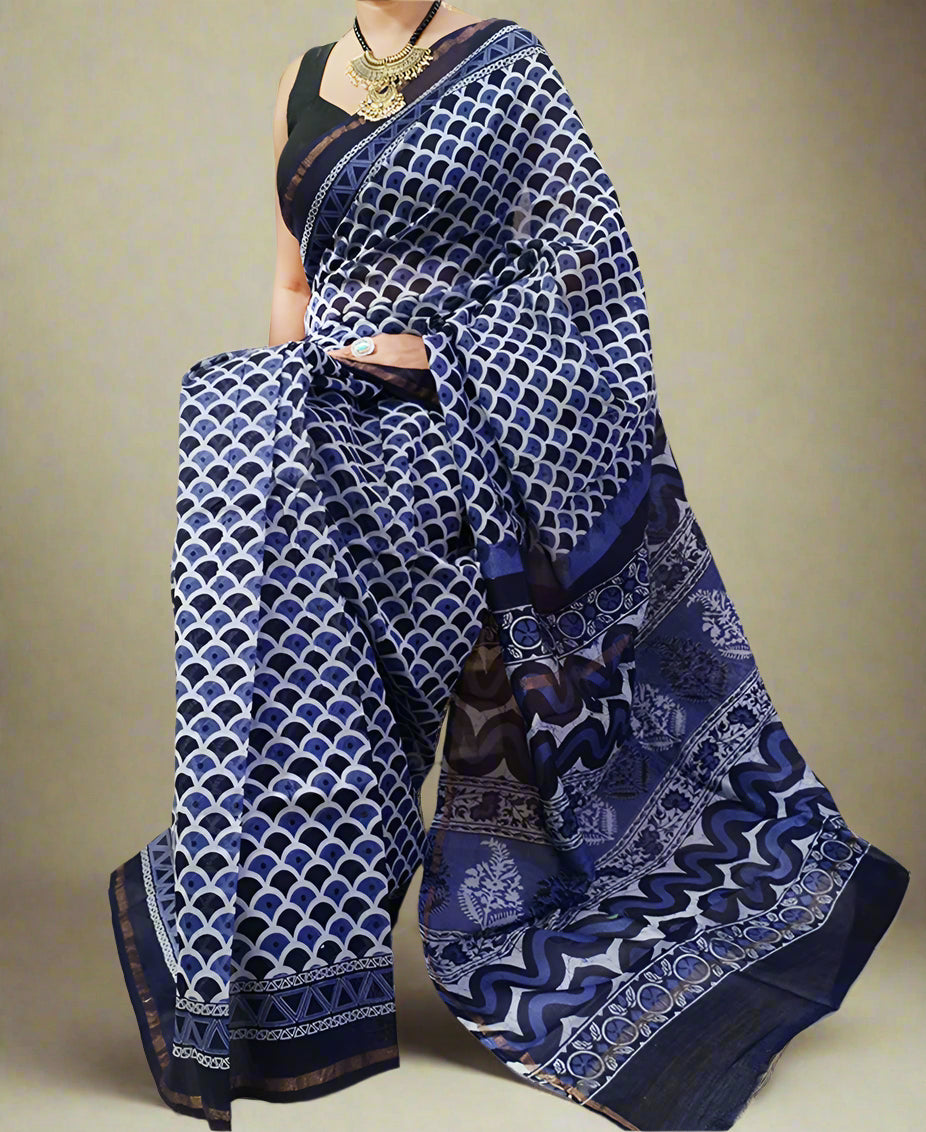 Navy Blue Chanderi Saree with Zari Border