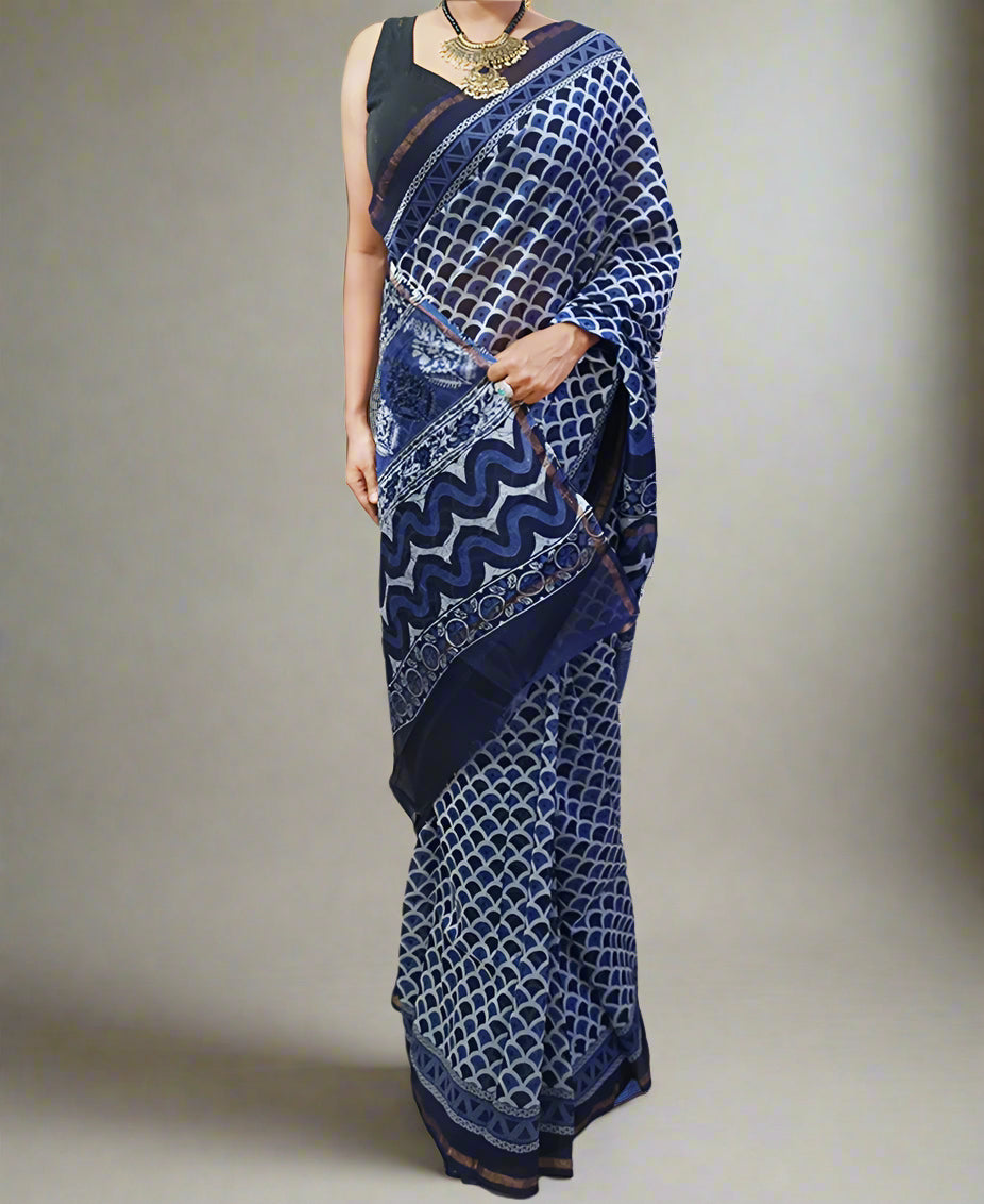 Navy Blue Chanderi Saree with Zari Border
