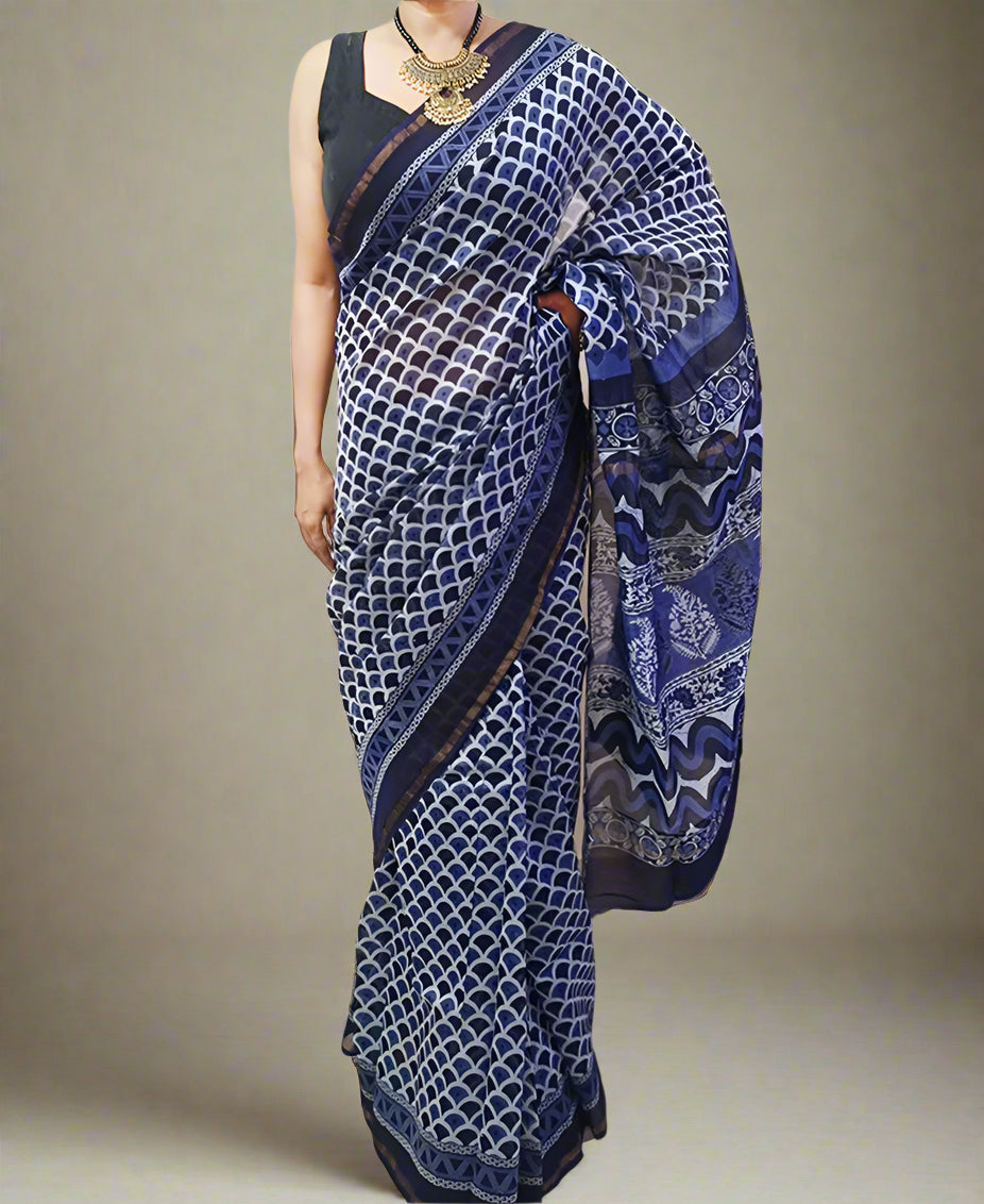 Navy Blue Chanderi Saree with Zari Border